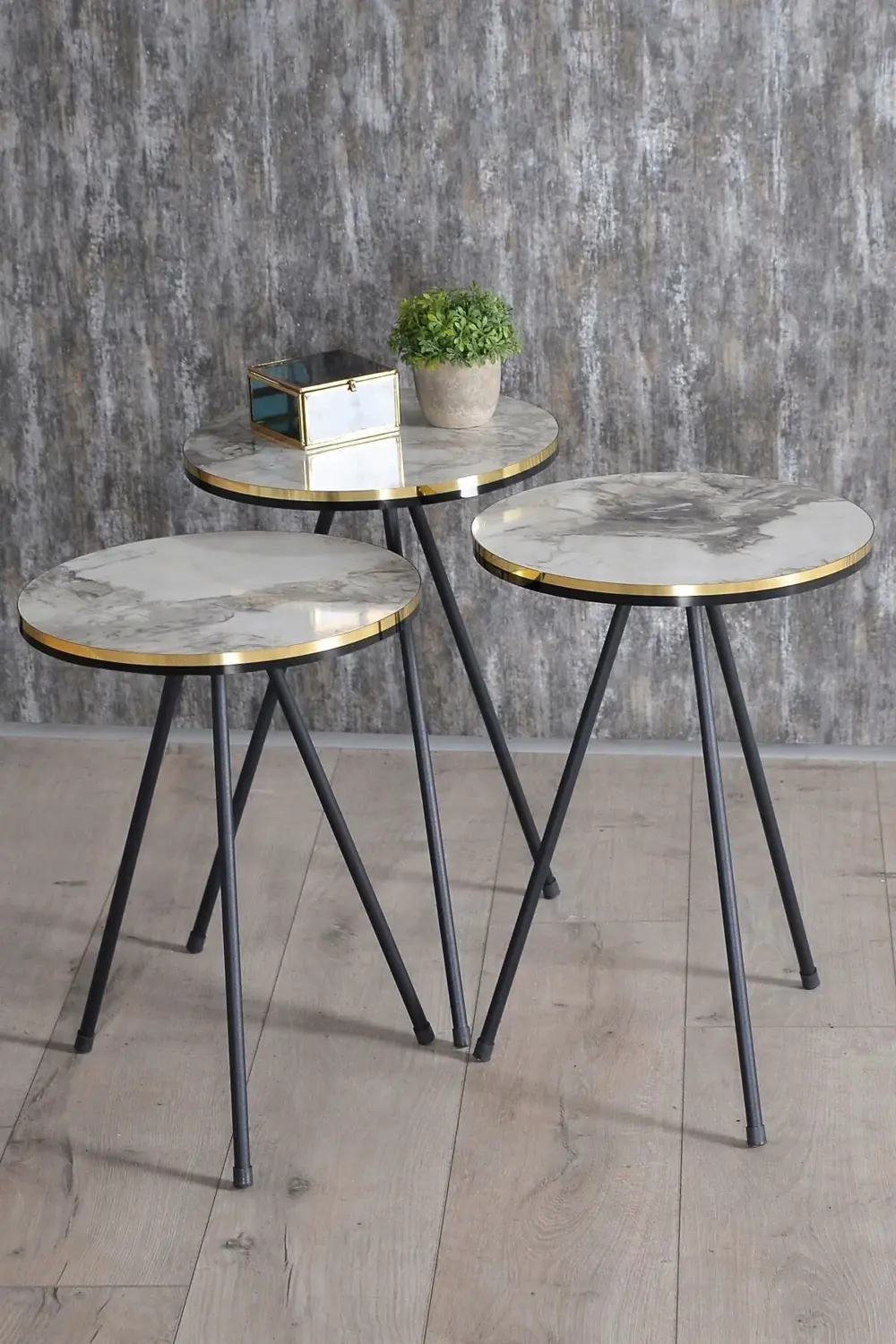 Zigon Sehpa Ve Orta Sehpa Elips Set Siyah Metal Ayak Çift Altın E