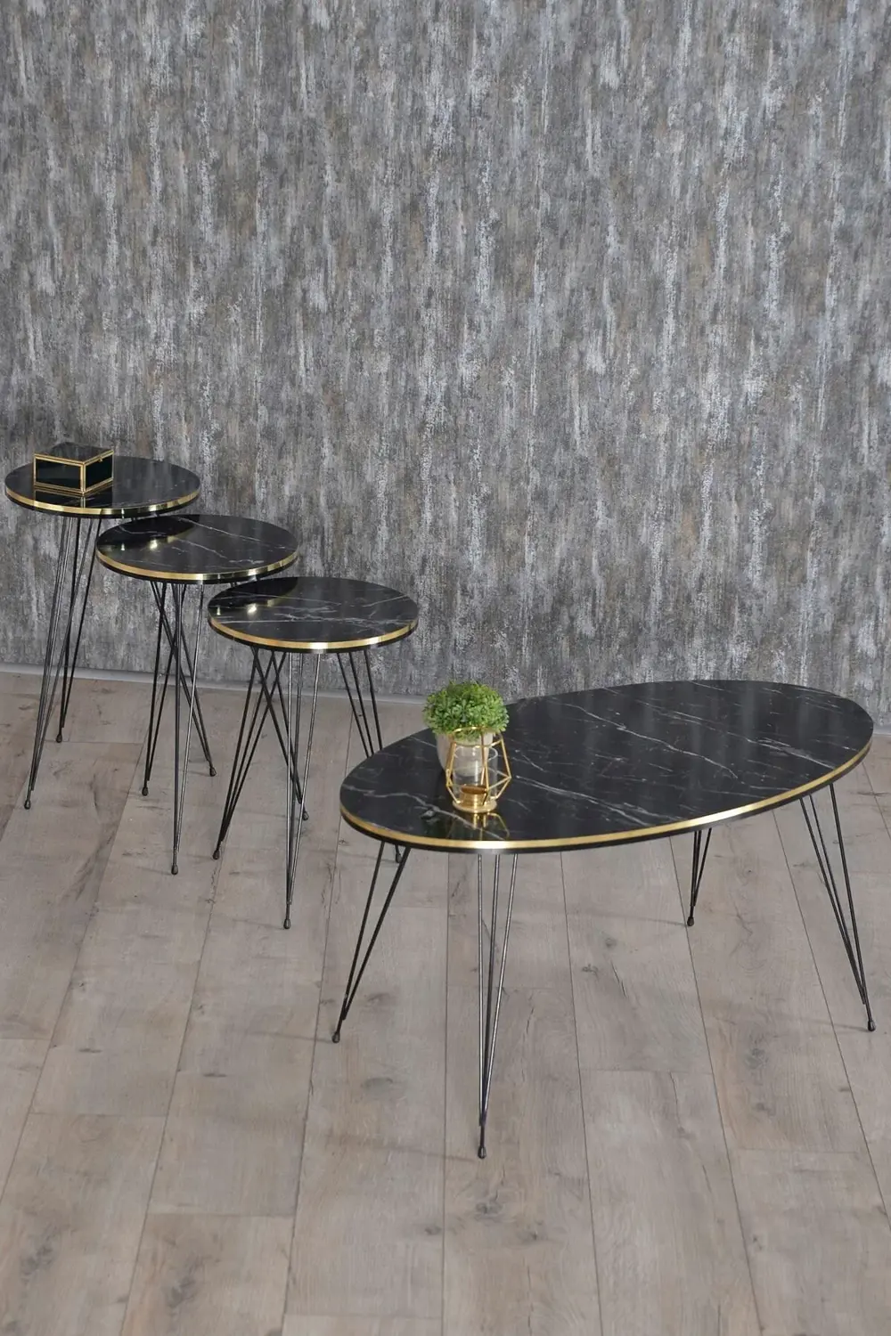 Zigon Sehpa Ve Orta Sehpa Elips Set Siyah Tel Ayak Çift Altın Ben