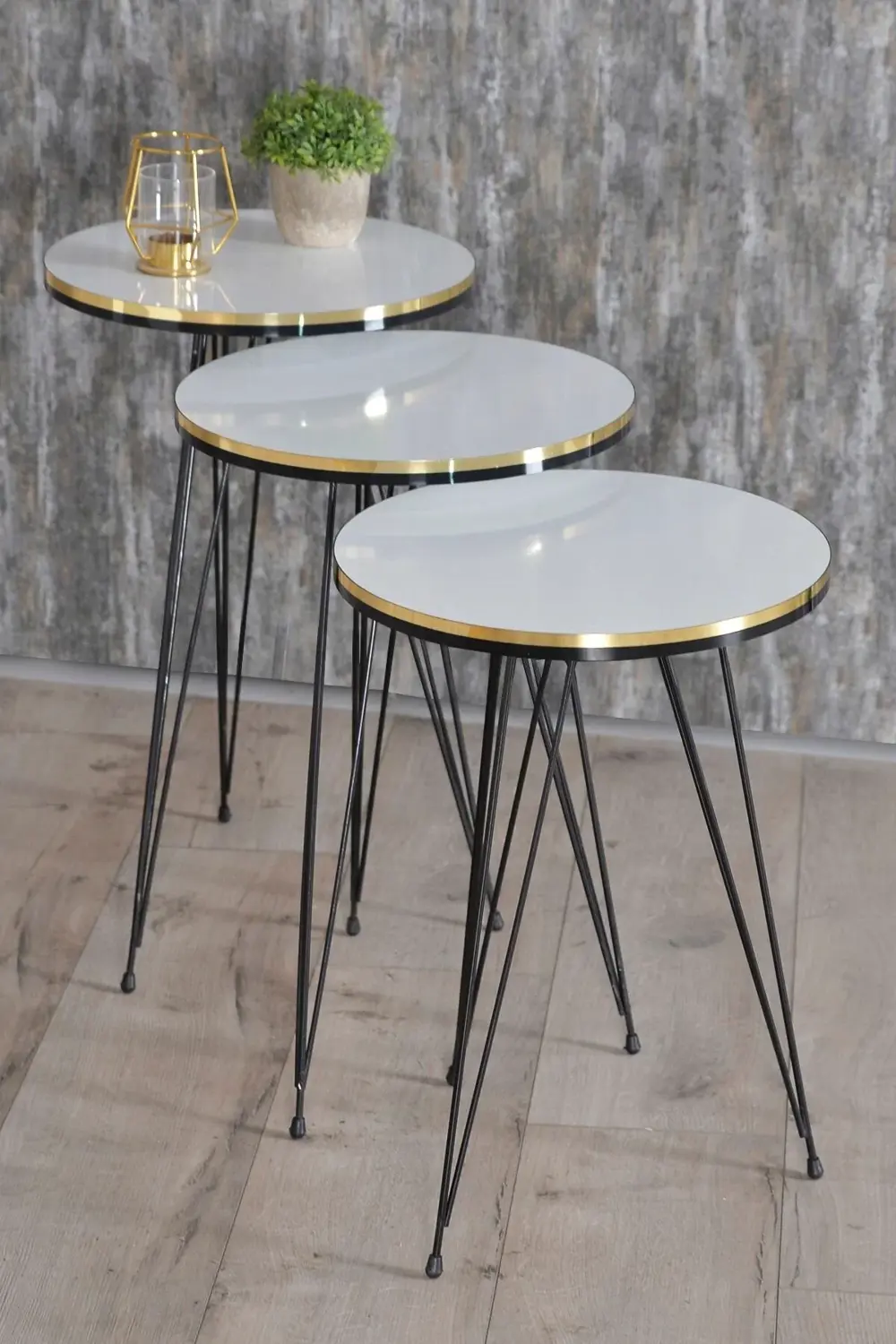 Zigon Sehpa Ve Orta Sehpa Elips Set Siyah Tel Ayak Çift Altın Bey