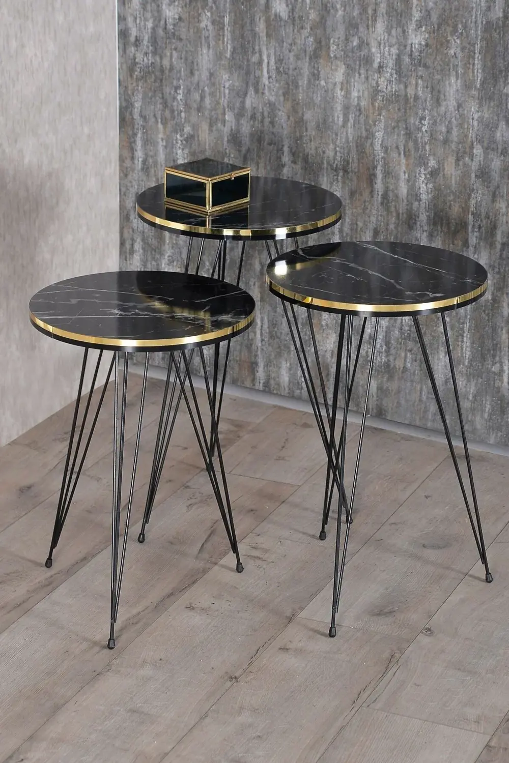 Zigon Sehpa Ve Orta Sehpa Elips Set Siyah Tel Ayak Çift Altın Ben