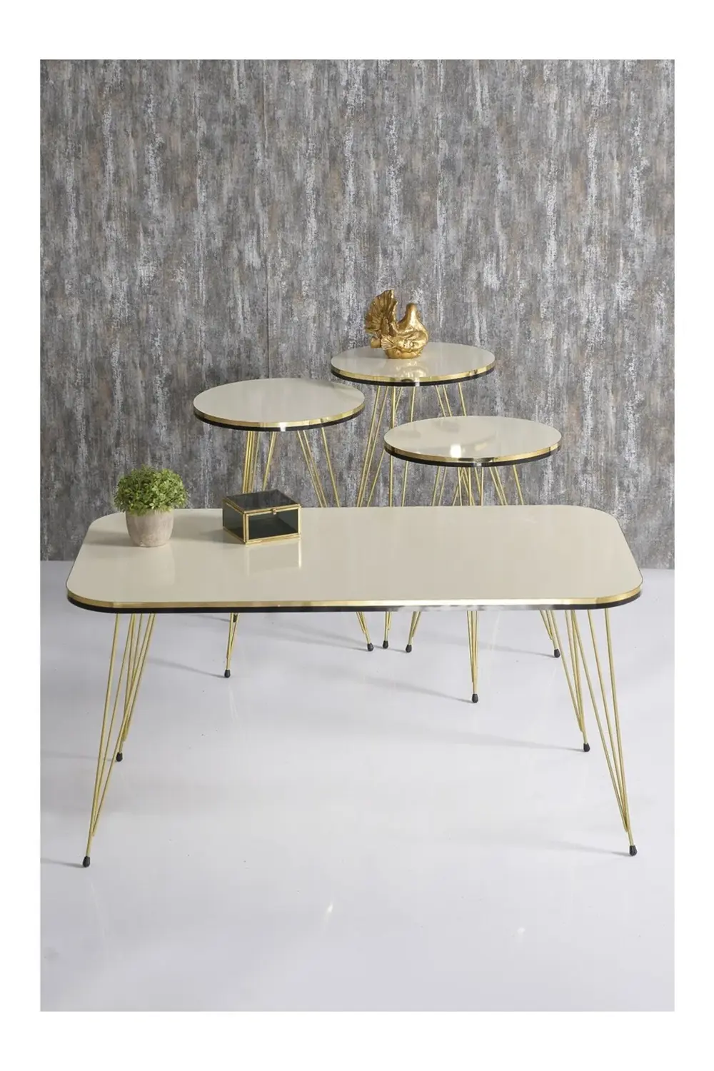 Zigon Sehpa Ve Orta Sehpa Kr Set Çift Gold Krem Tel Ayak