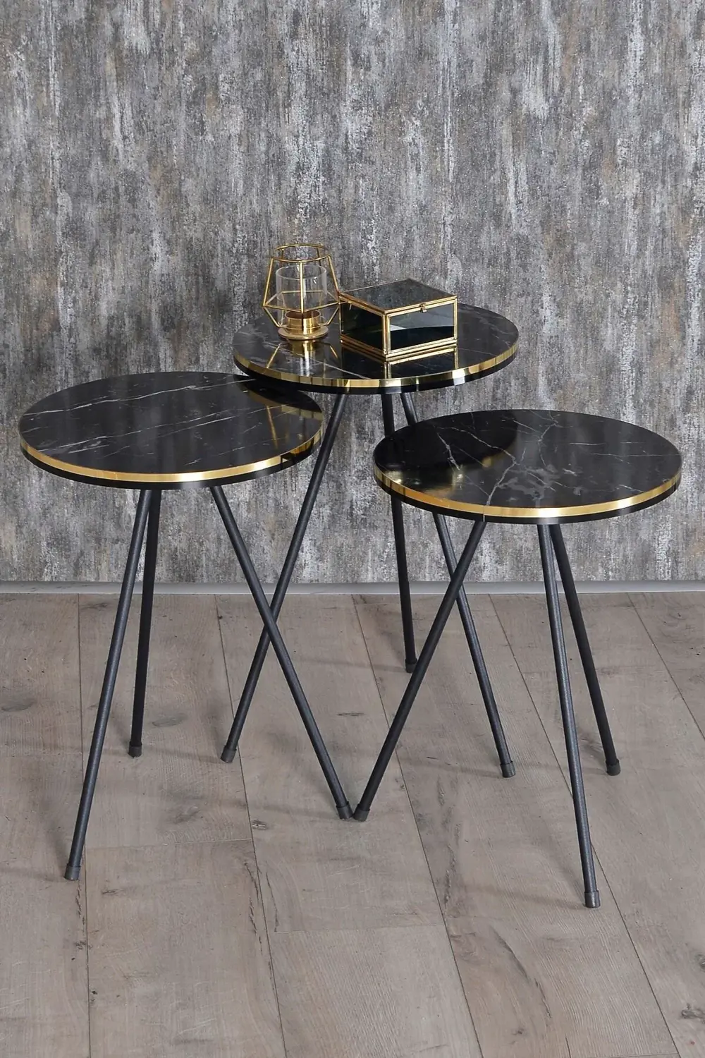 Zigon Sehpa Ve Orta Sehpa Kr Set Siyah Metal Ayak Çift Altın Bend