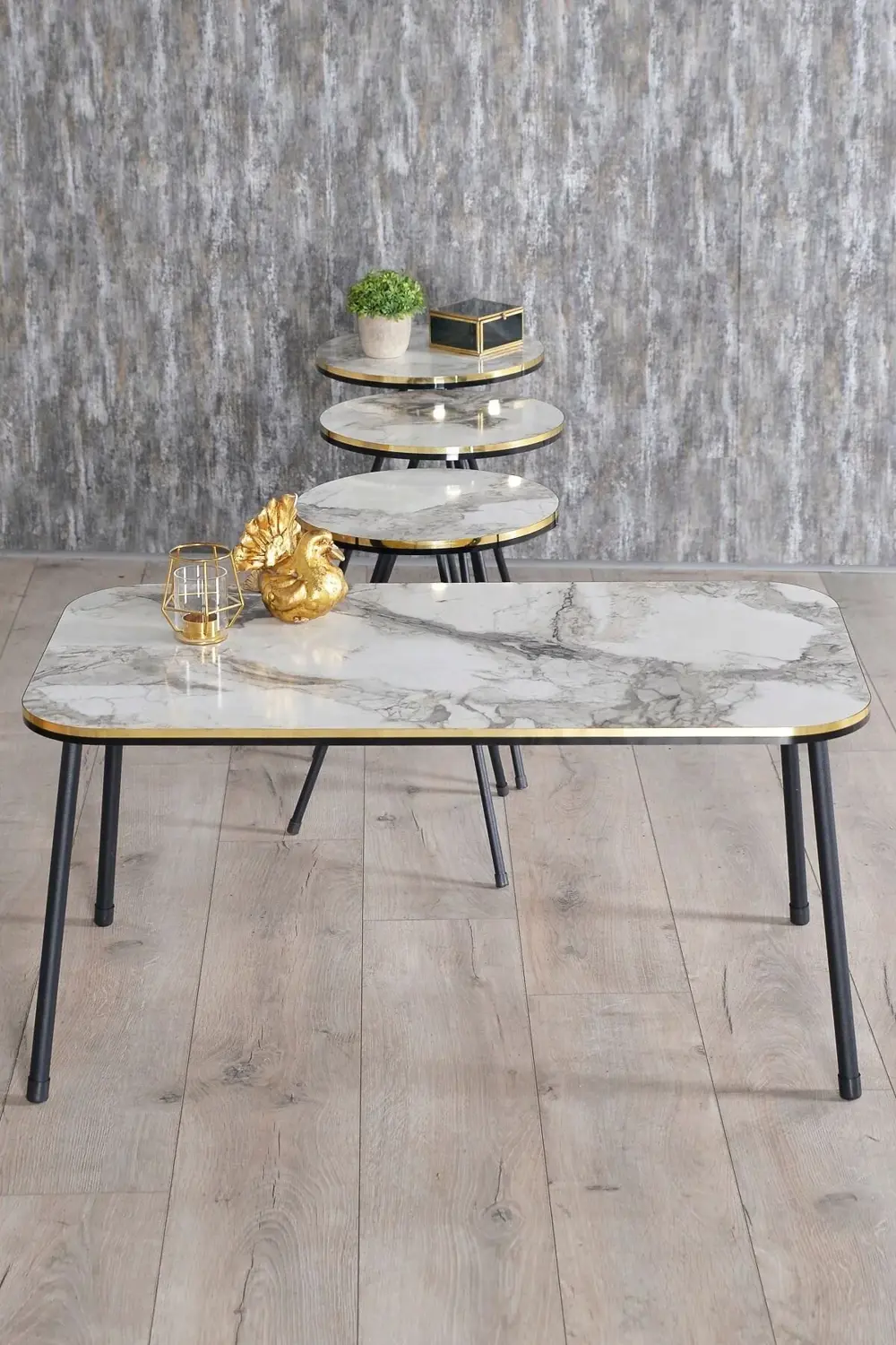 Zigon Sehpa Ve Orta Sehpa Kr Set Siyah Metal Ayak Çift Altın Efes