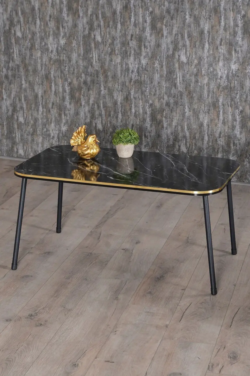 Zigon Sehpa Ve Orta Sehpa Kr Set Siyah Metal Ayak Çift Altın Bend