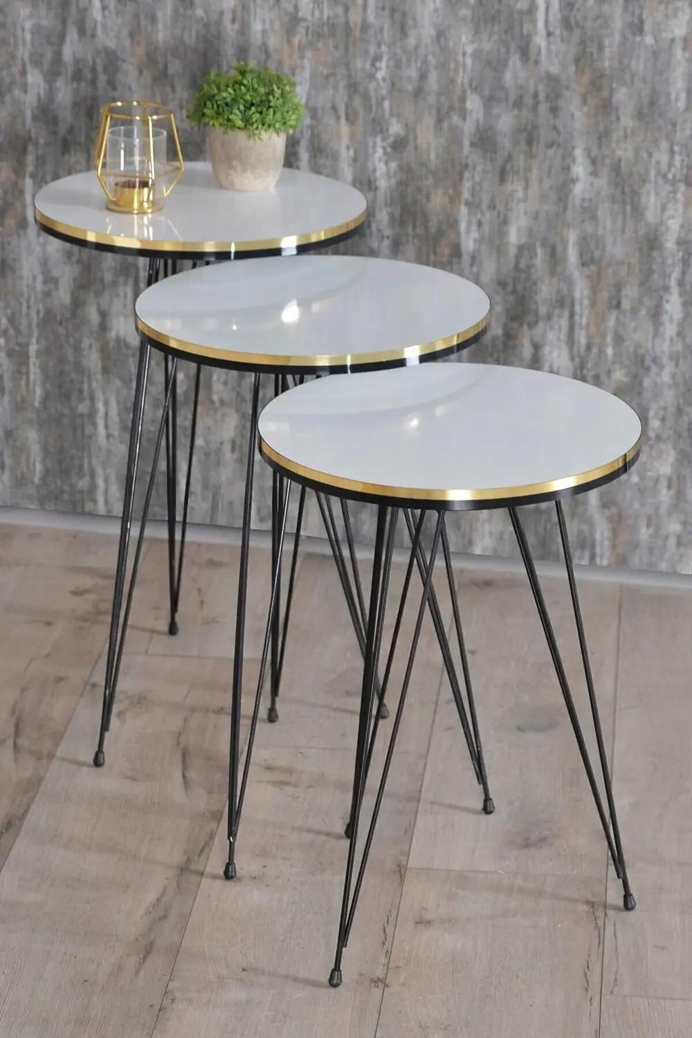 Zigon Sehpa Ve Orta Sehpa Kr Set Siyah Tel Ayak Çift Altın Beyaz