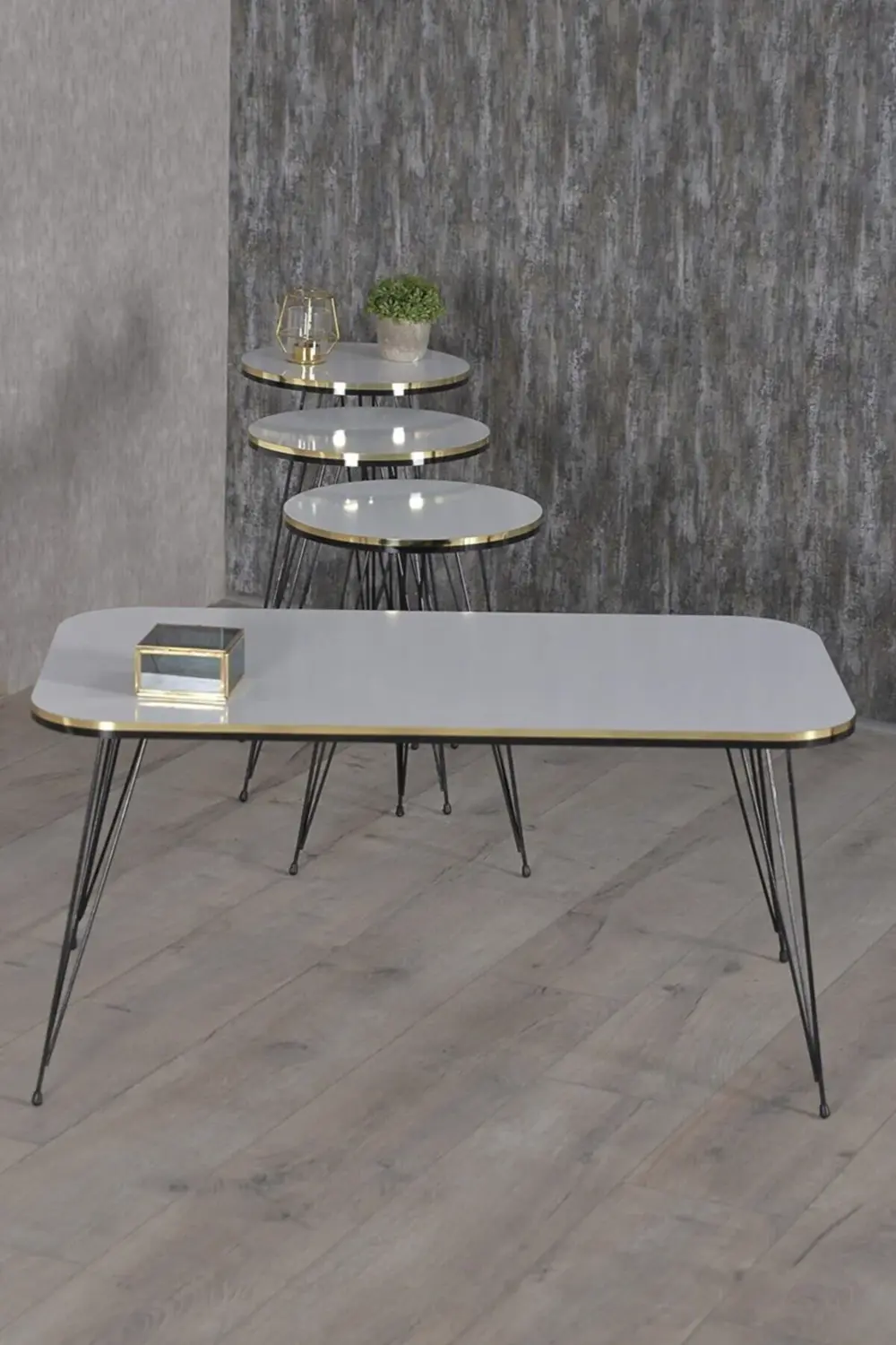 Zigon Sehpa Ve Orta Sehpa Kr Set Siyah Tel Ayak Çift Altın Beyaz