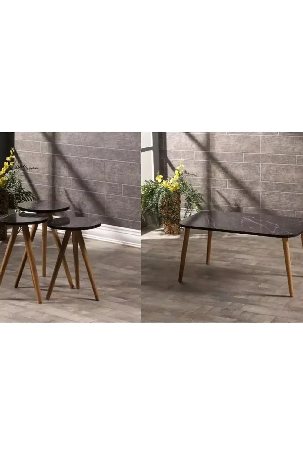 Zigon Sehpa Ve Orta Sehpa Set Ahşap Kr Torna Siyah Mermer Desen