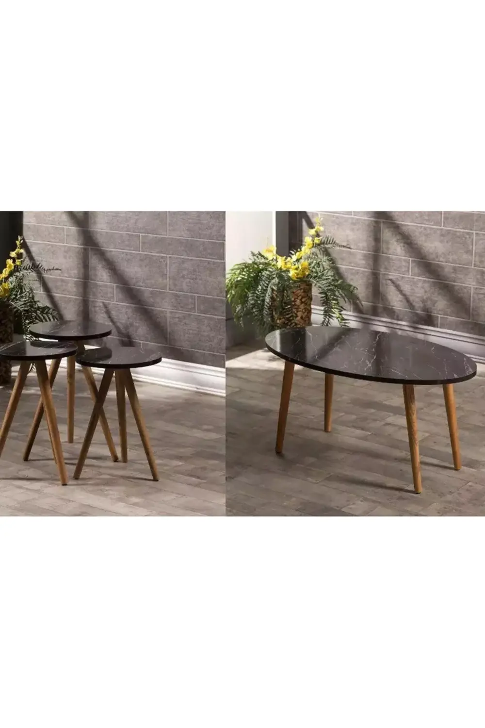 Zigon Sehpa Ve Orta Sehpa Set Ahşap Torna Elips Siyah Mermer Dese