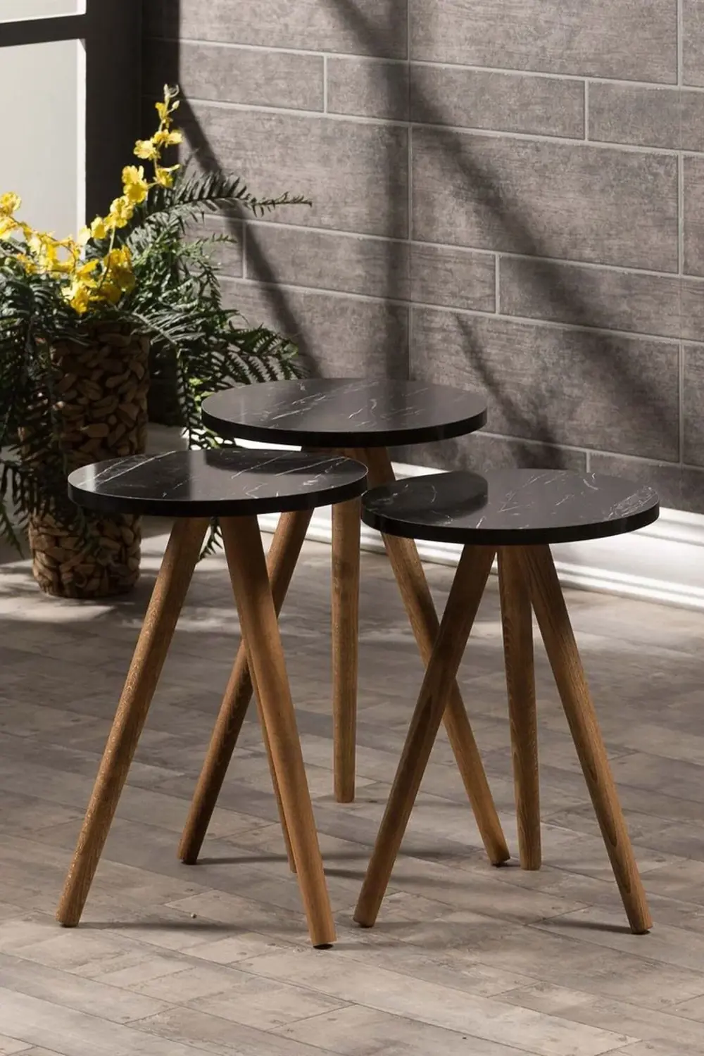 Zigon Sehpa Ve Orta Sehpa Set Ahşap Torna Elips Siyah Mermer Dese