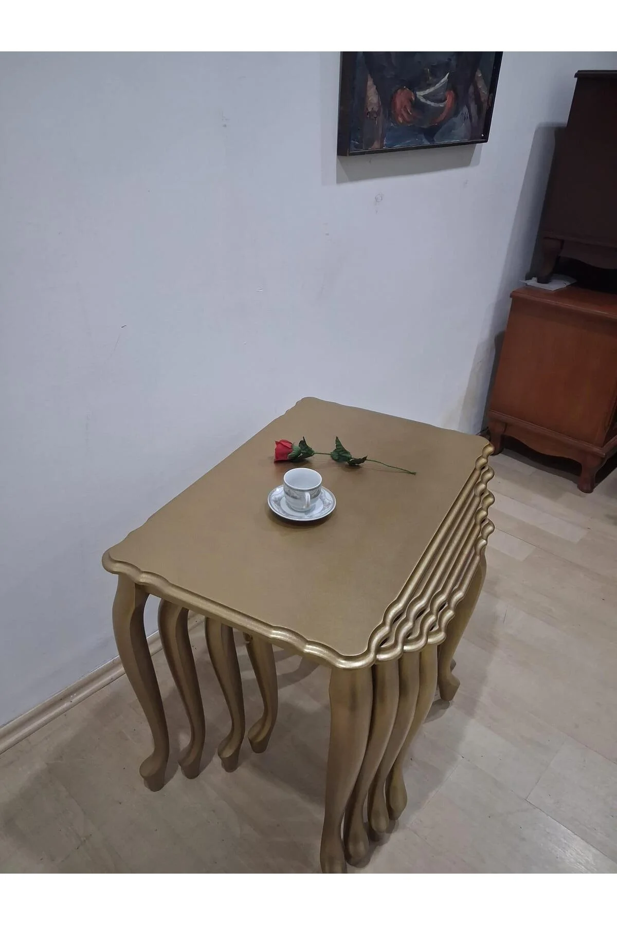 Zigon ST 90640 Klasik Model Sehpa Parlak Gold Renk Kayın Aslan Ayak El Yapım - Görsel 7