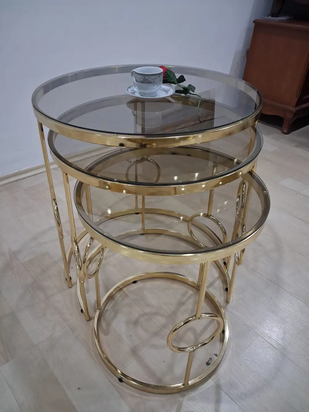 Zigon ZLF 14088 Halkalı model Cam Tabla Metal Gold kaplama kutu s