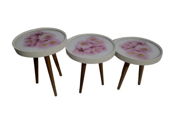 Zigon19628 Sehpa Çember PEMBE KARANFİL Model Kayın Retro Ceviz 3 Ayak Üstü Cam