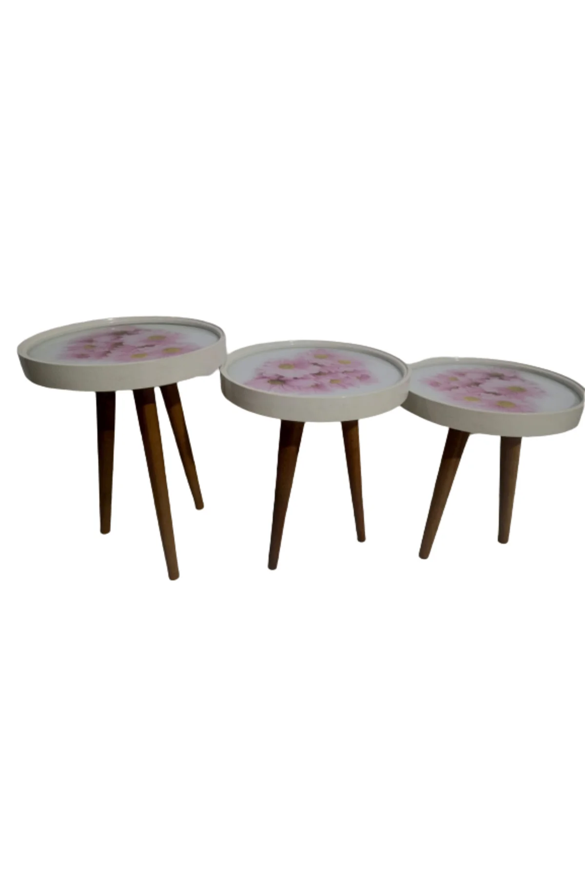 Zigon19628 Sehpa Çember PEMBE KARANFİL Model Kayın Retro Ceviz 3 Ayak Üstü Cam - Görsel 2