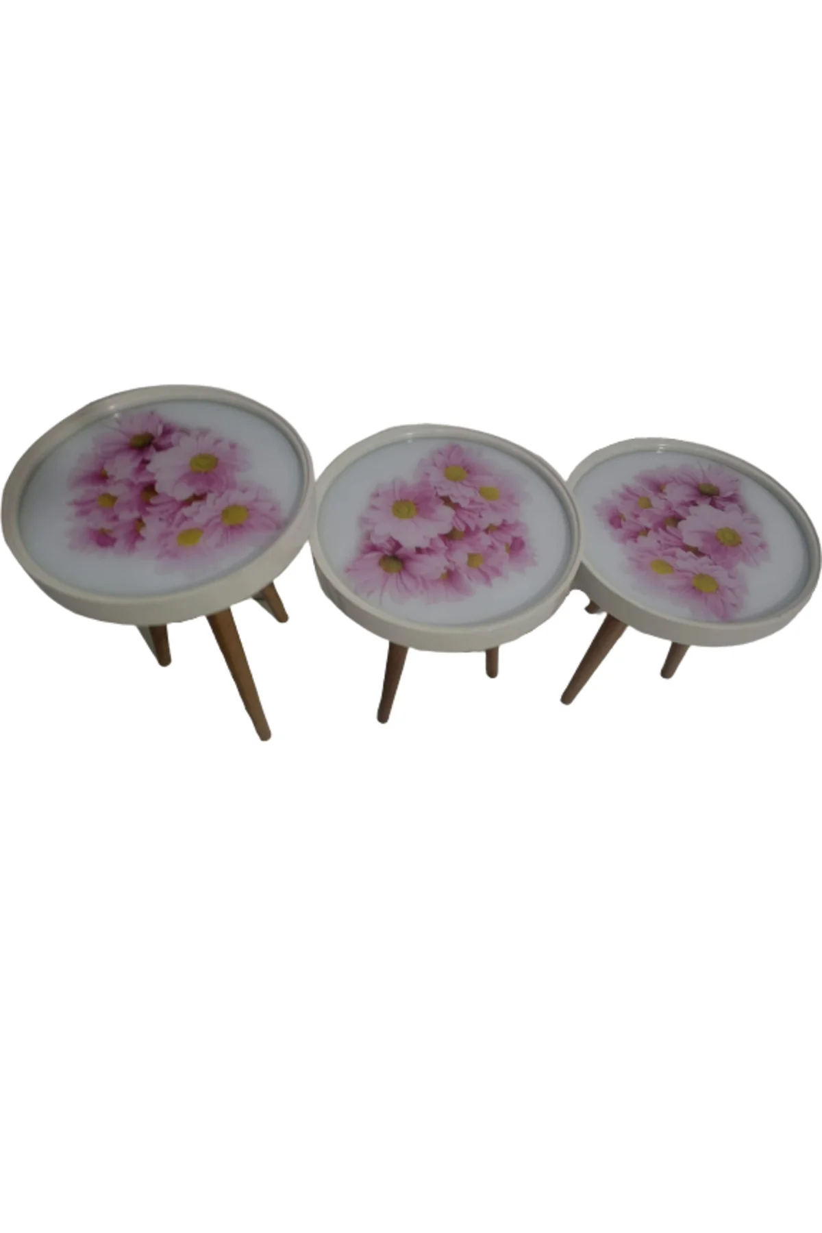 Zigon19628 Sehpa Çember PEMBE KARANFİL Model Kayın Retro Ceviz 3 Ayak Üstü Cam - Görsel 4