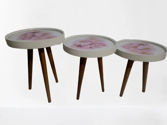 Zigon19628 Sehpa Çember PEMBE KARANFİL Model Kayın Retro Ceviz 3 Ayak Üstü Cam