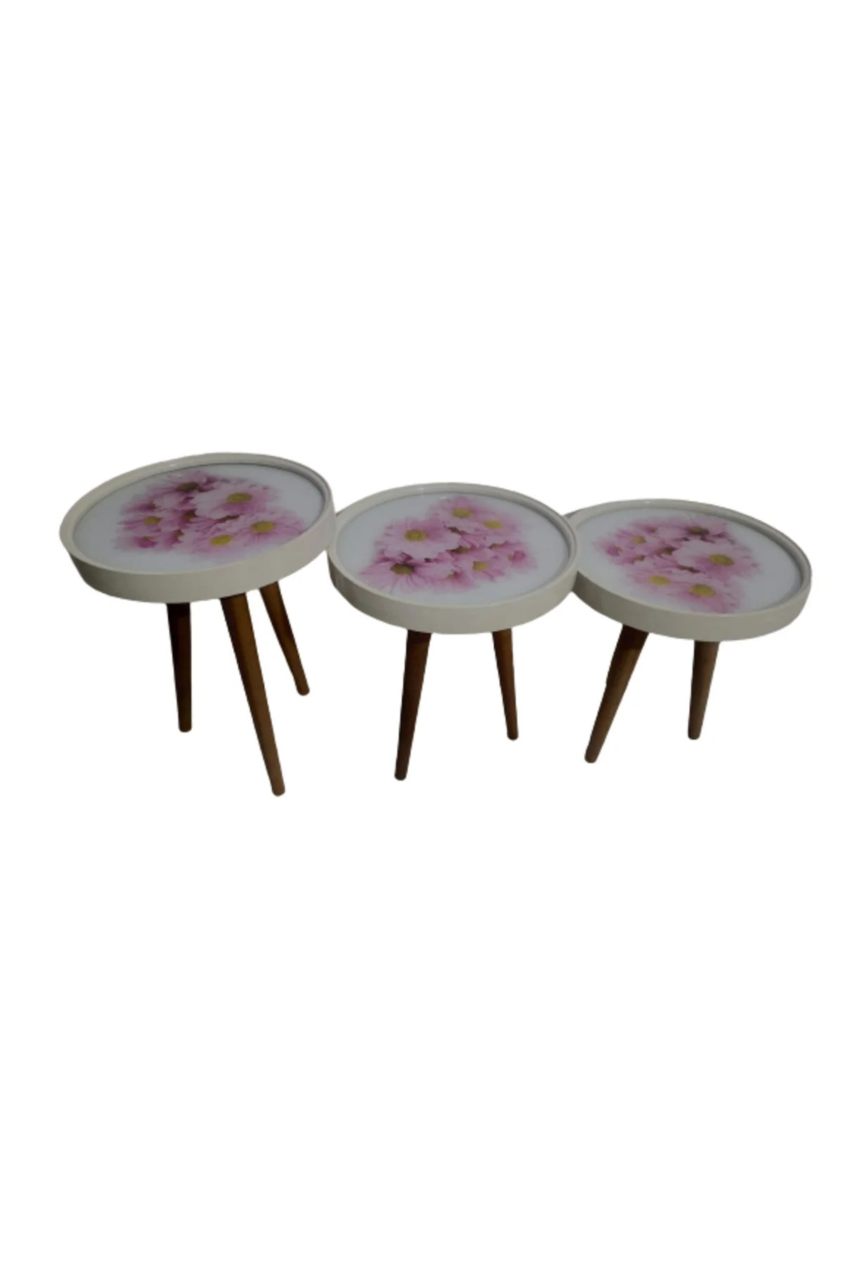 Zigon19628 Sehpa Çember PEMBE KARANFİL Model Kayın Retro Ceviz 3 Ayak Üstü Cam - Görsel 8