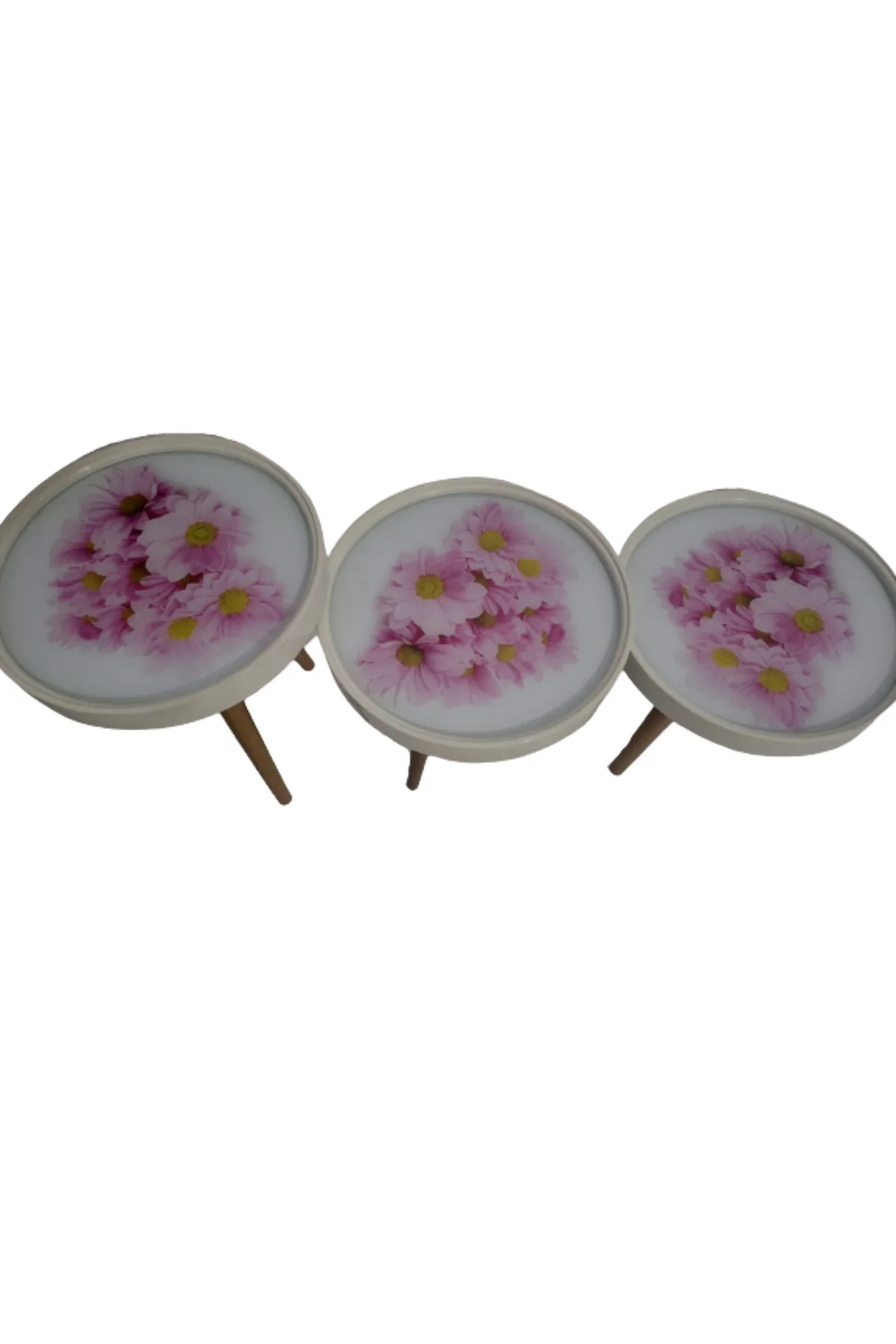 Zigon19628 Sehpa Çember PEMBE KARANFİL Model Kayın Retro Ceviz 3 Ayak Üstü Cam - Görsel 6