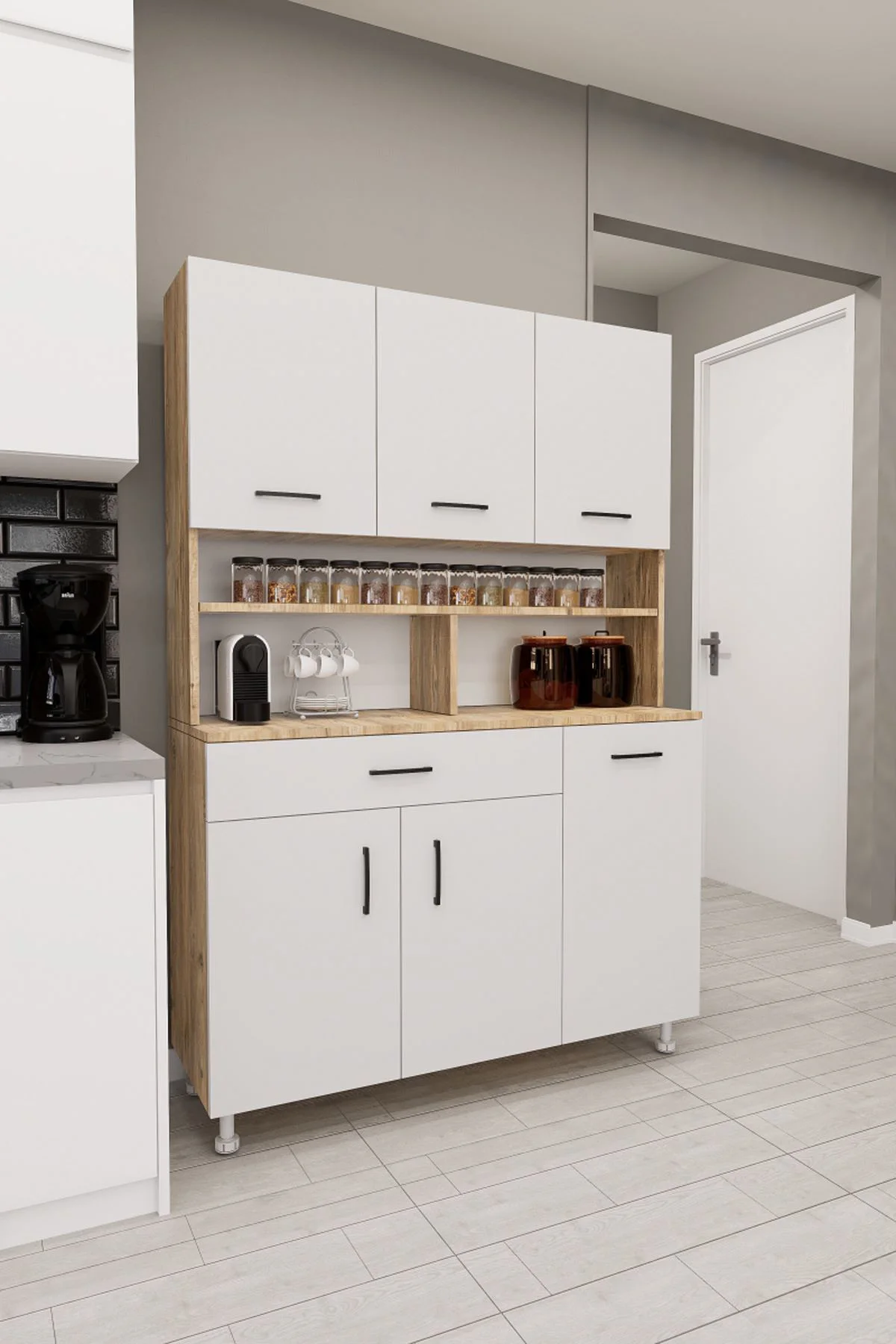 Zimbal Çok Bölmeli Dekoratif Mutfak Dolabı Atlantik Çam-Beyaz