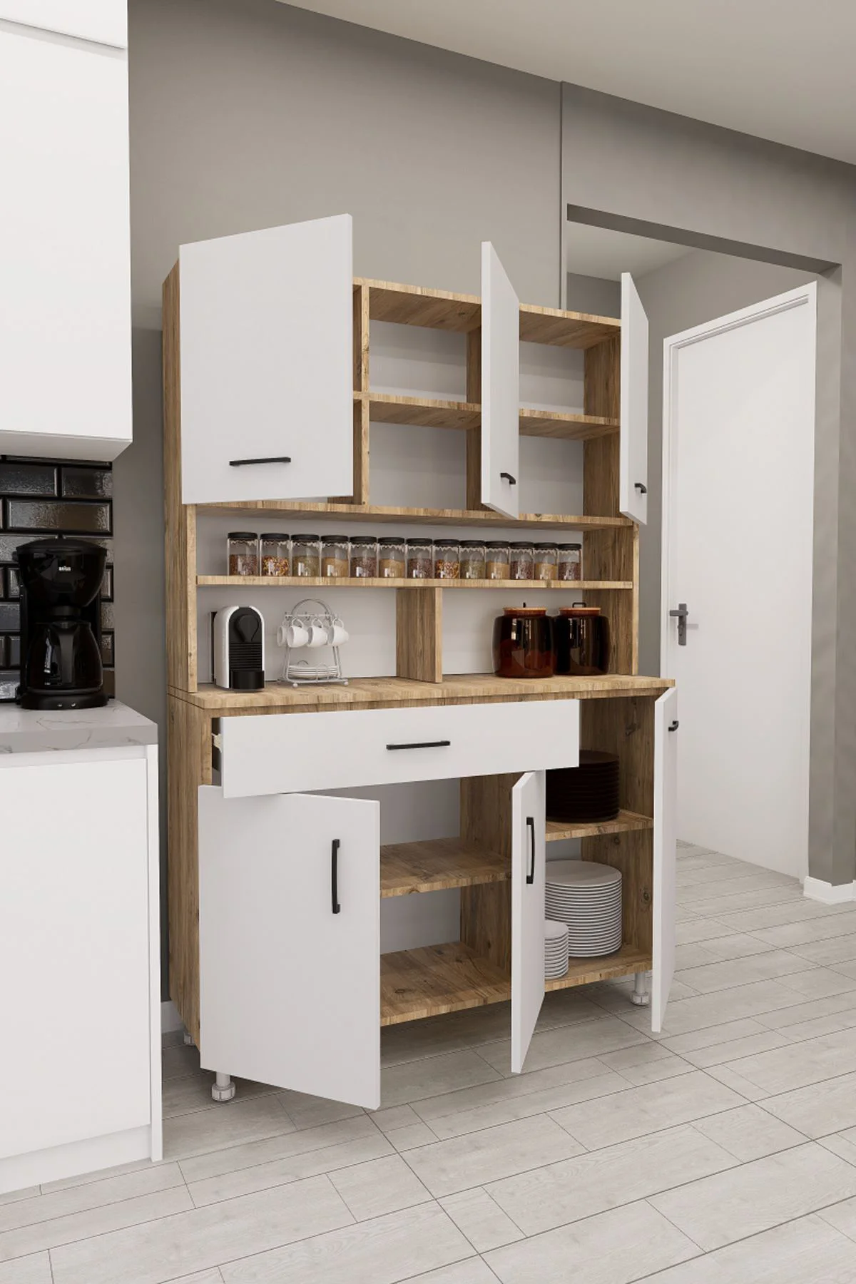 Zimbal Çok Bölmeli Dekoratif Mutfak Dolabı Atlantik Çam-Beyaz