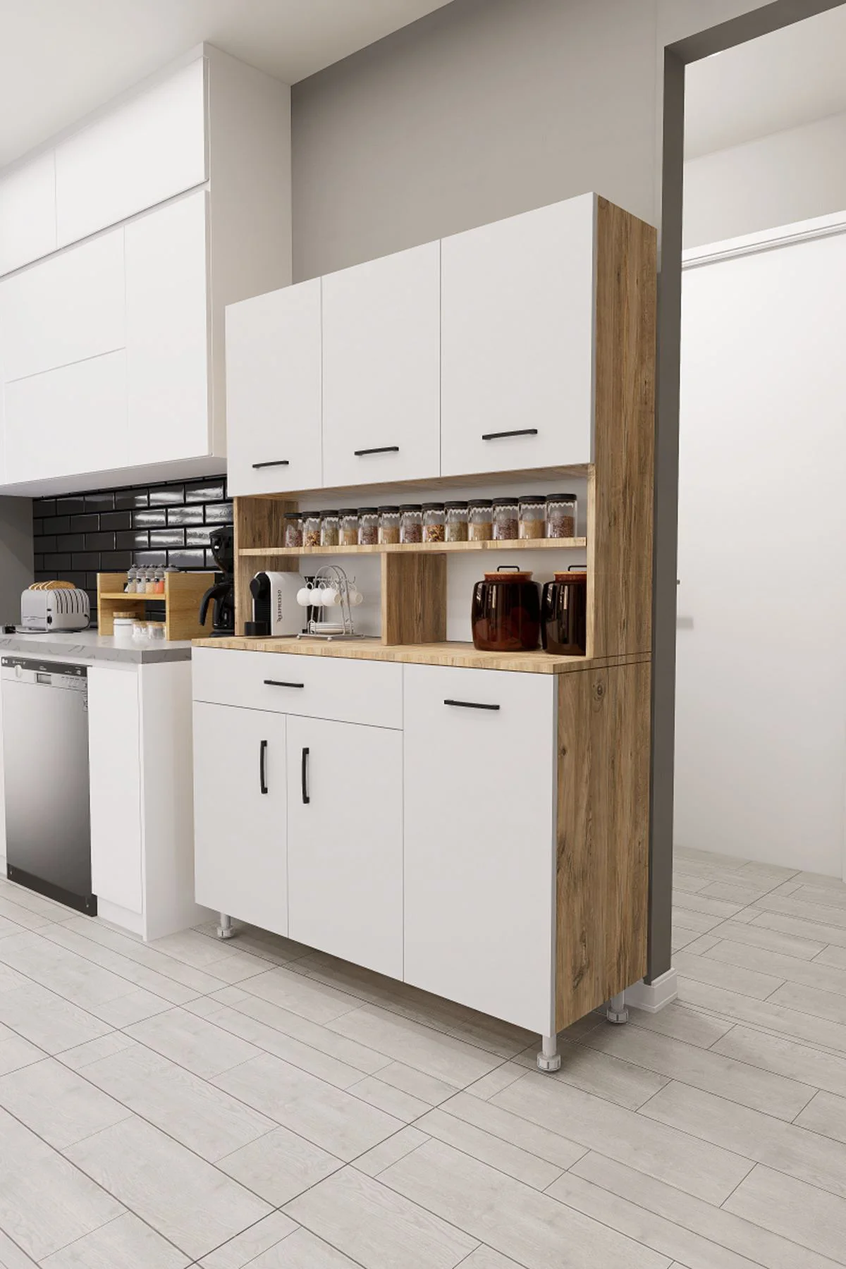 Zimbal Çok Bölmeli Dekoratif Mutfak Dolabı Atlantik Çam-Beyaz