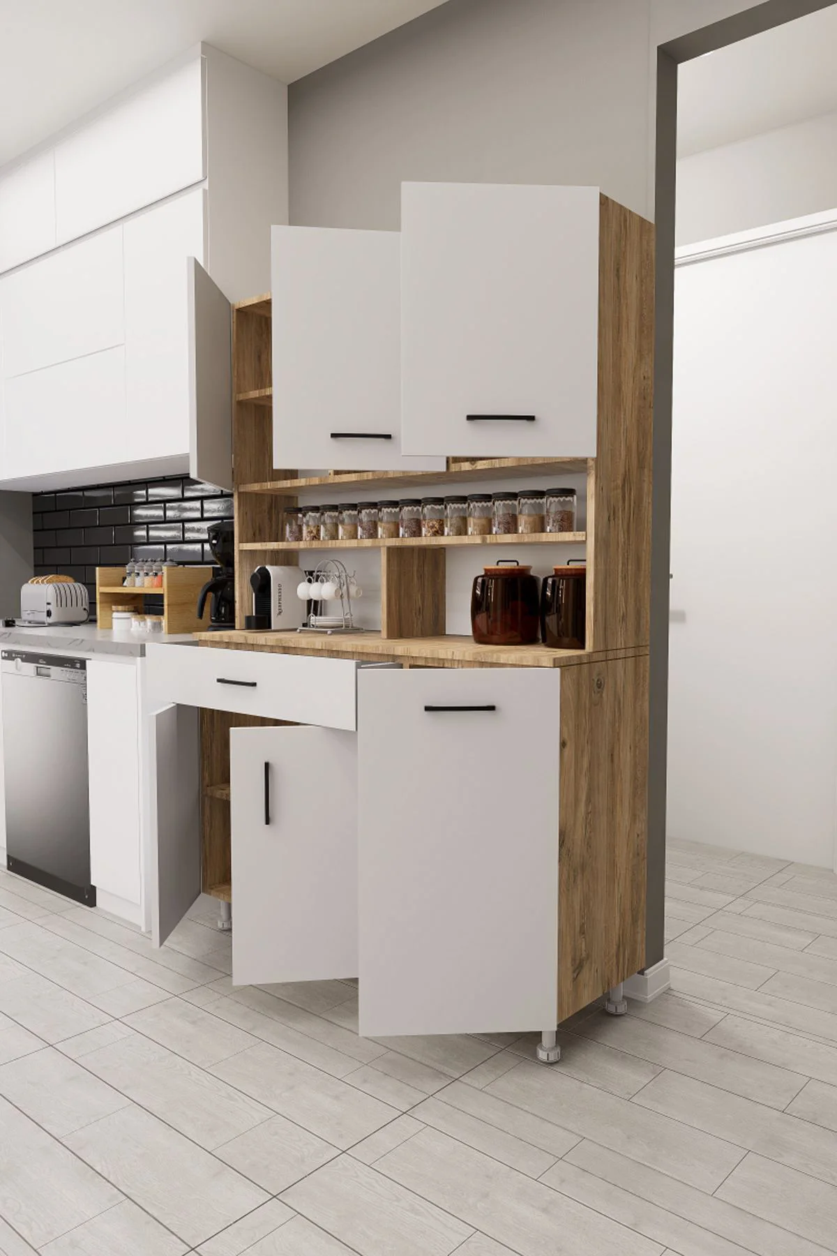 Zimbal Çok Bölmeli Dekoratif Mutfak Dolabı Atlantik Çam-Beyaz