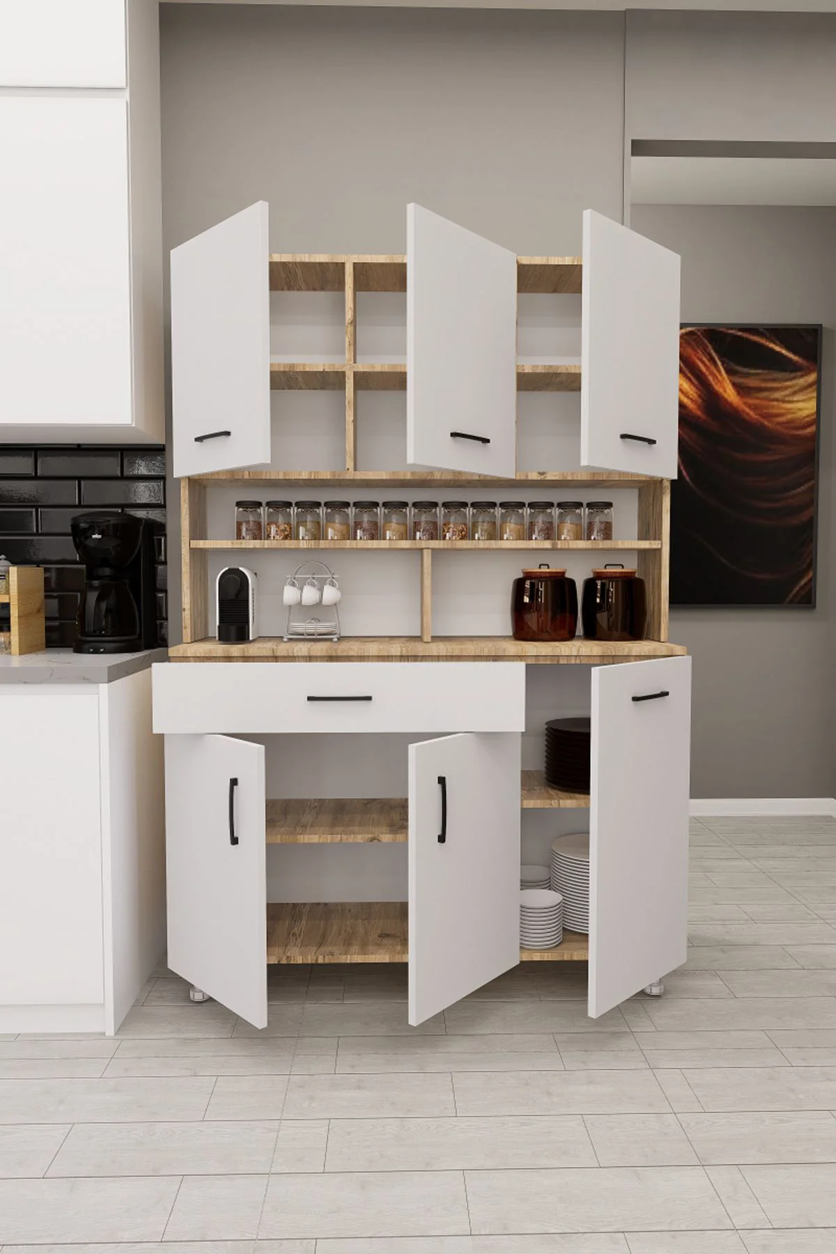 Zimbal Çok Bölmeli Dekoratif Mutfak Dolabı Atlantik Çam-Beyaz