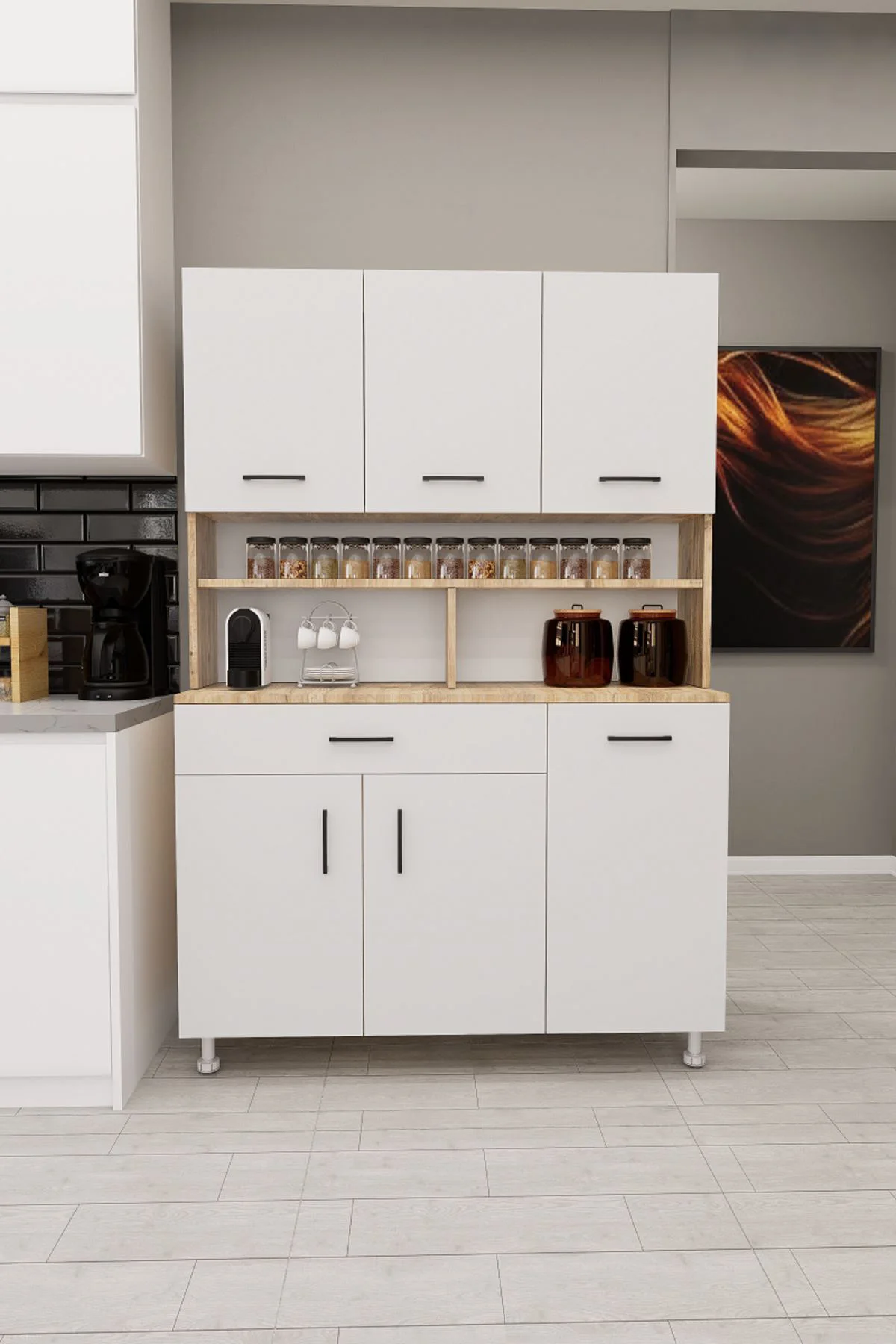 Zimbal Çok Bölmeli Dekoratif Mutfak Dolabı Atlantik Çam-Beyaz