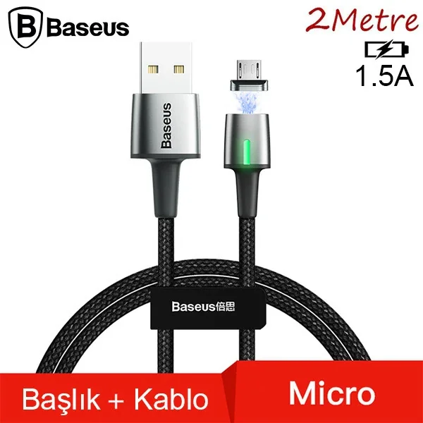 Zinc Magnetic USB Kablo 2m 1.5A Hızlı Şarj - Android Mikro USB - LED Işık