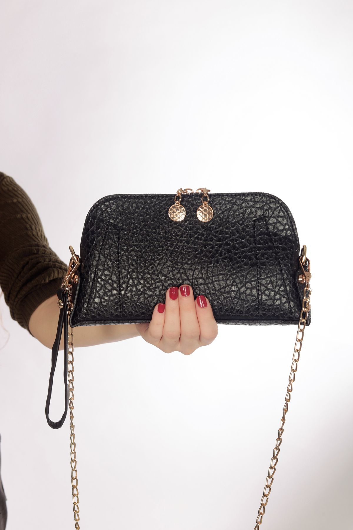 Zincir Askılı Çanta Siyah Desenli