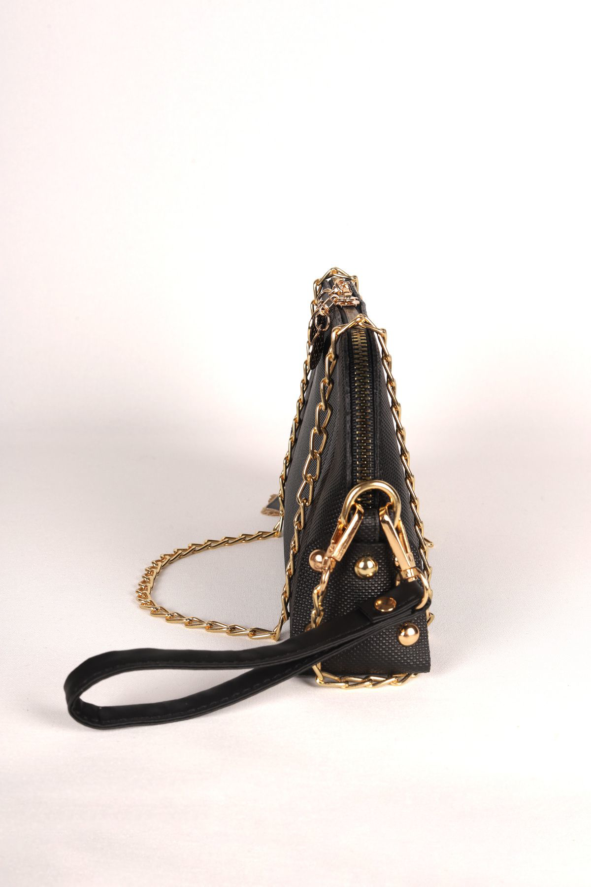 Zincir Askılı Çanta Siyah Düz Desen