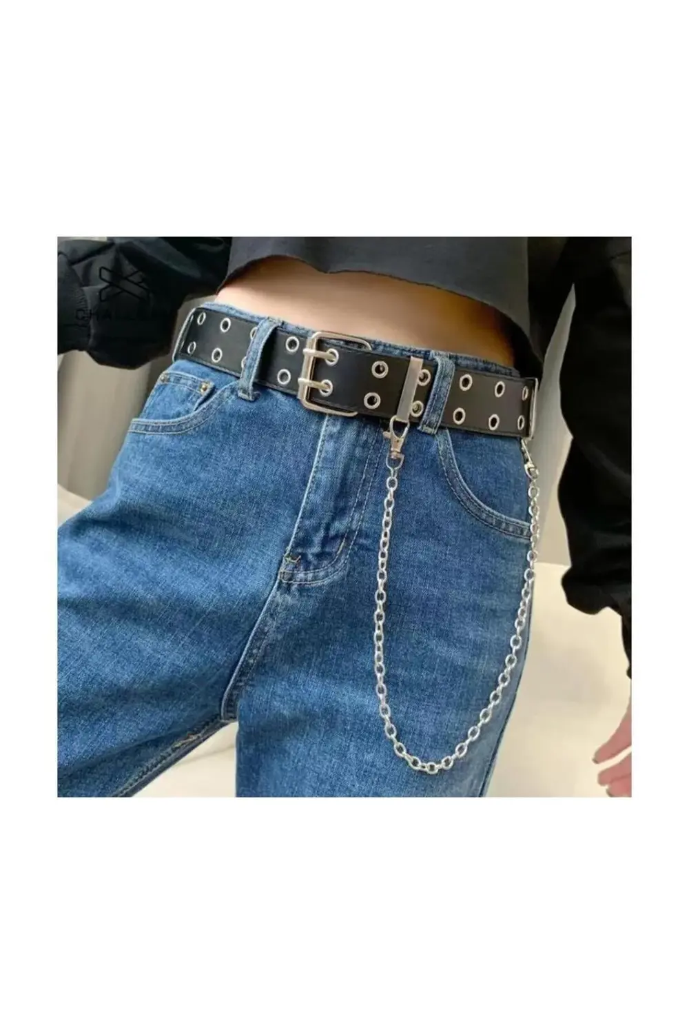 Zincir Detay Kare Tokalı Suni Deri Kemer