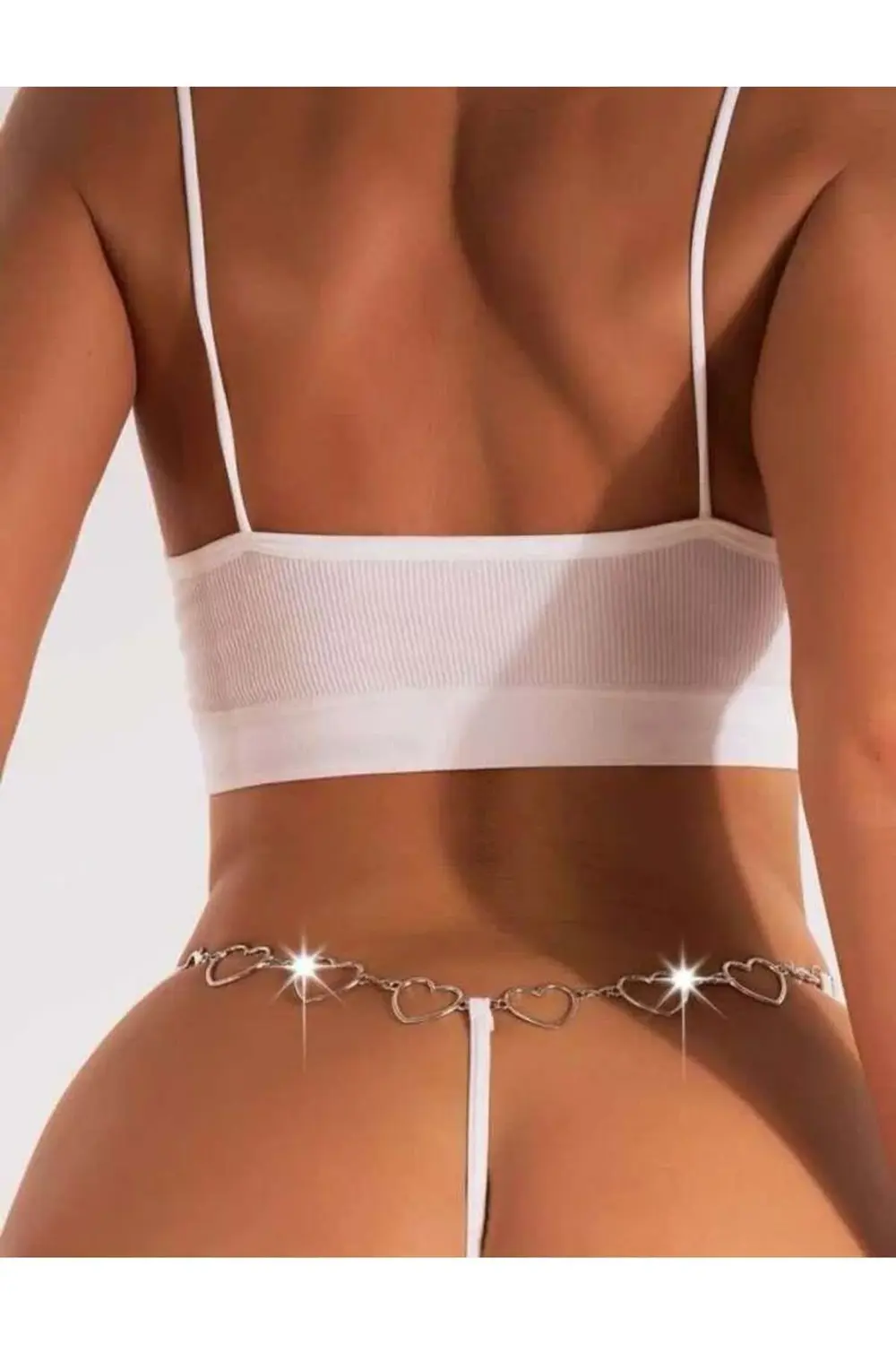 Zincir Kalp Detaylı Beyaz String Tanga
