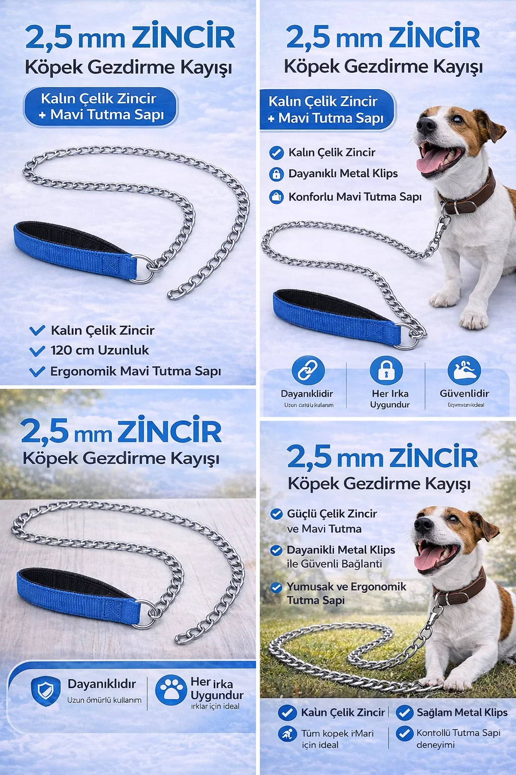 Zincir Köpek Gezdirme Kayışı Dayanıklı Çelik &amp; Ergonomik Tutma Saplı 2,5 mm-120 cm Mavi