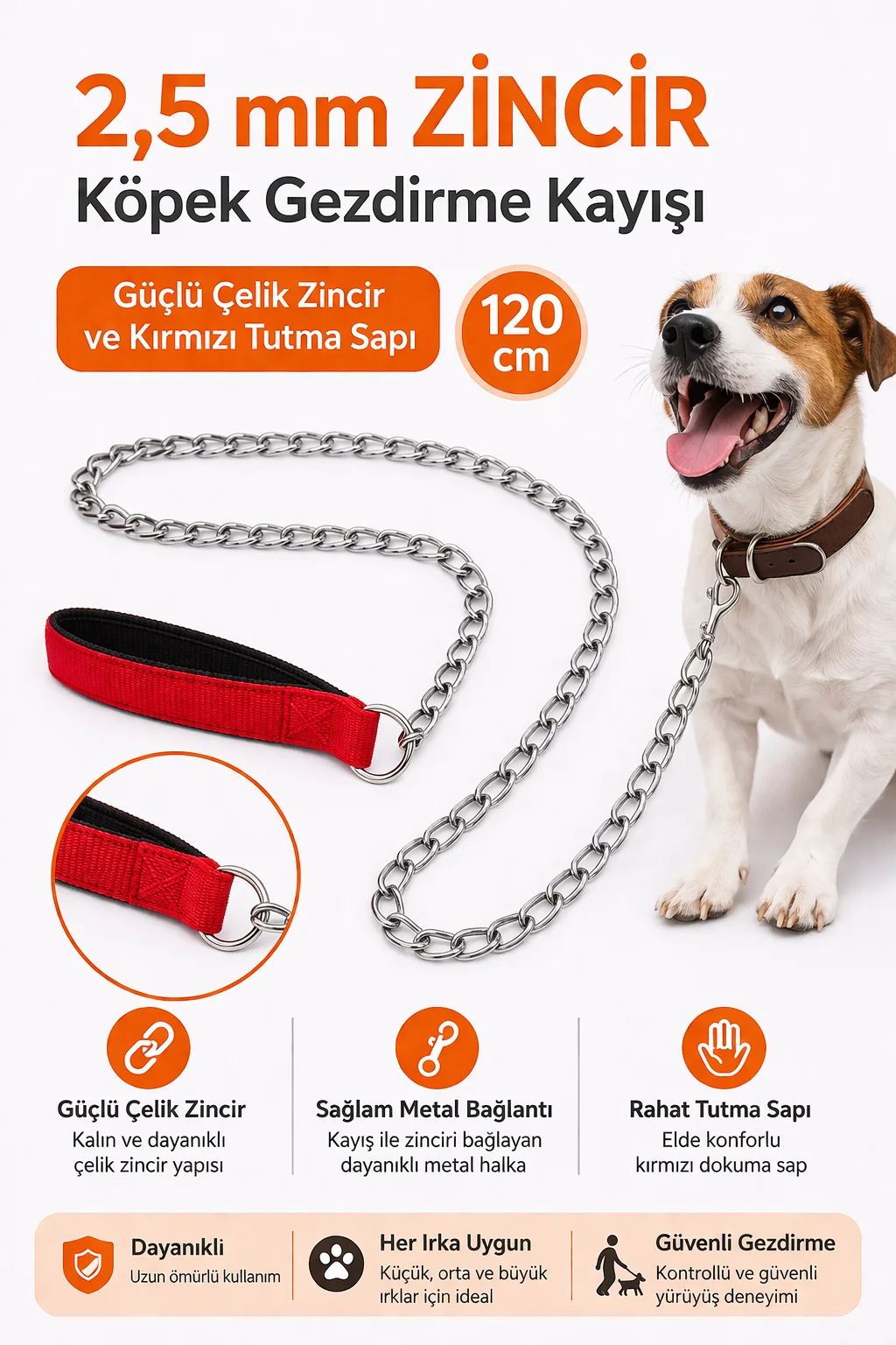Zincir Köpek Gezdirme Kayışı Dayanıklı Çelik &amp; Ergonomik Tutma Saplı 2,5 mm-120 cm Kırmızı