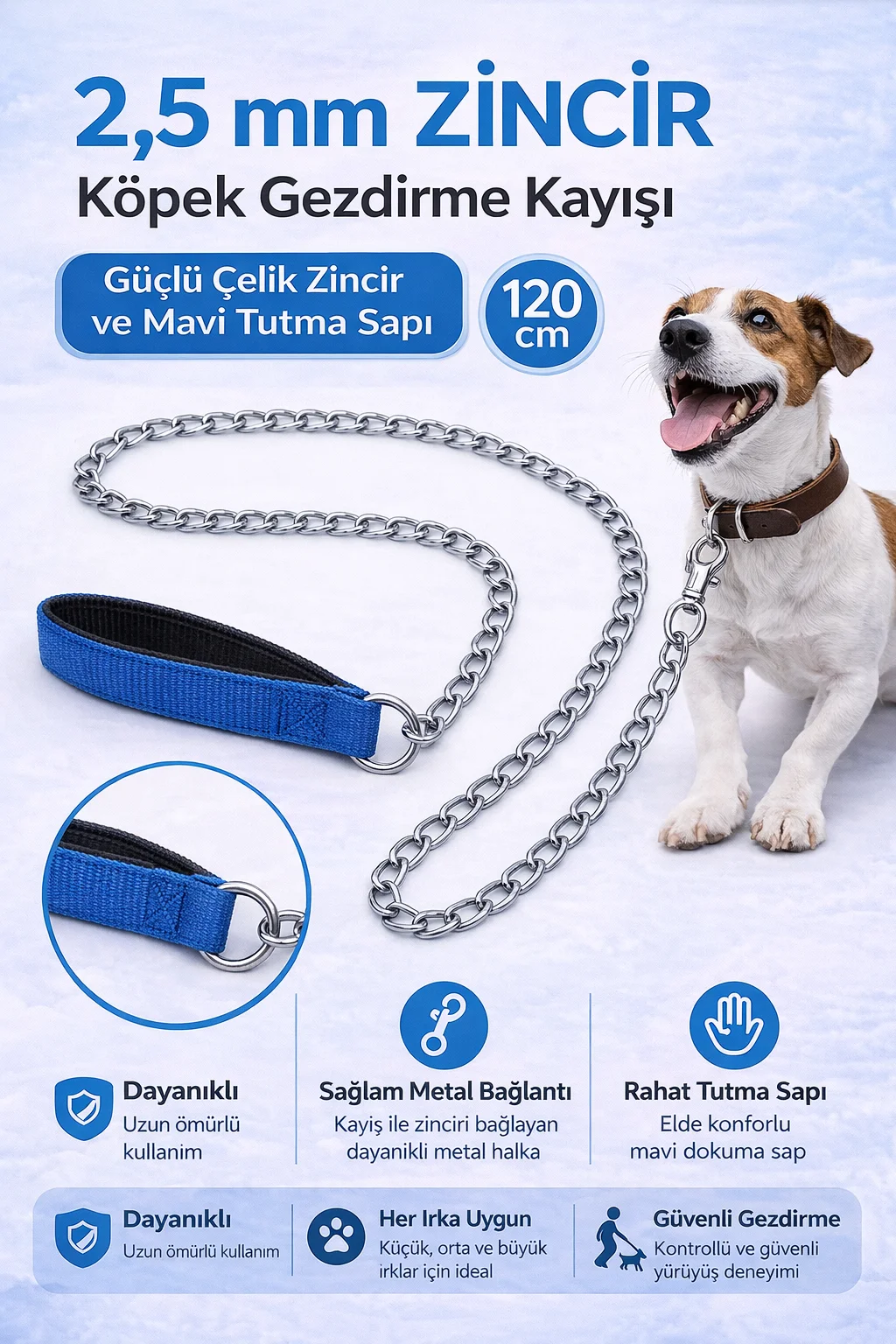 Zincir Köpek Gezdirme Kayışı Dayanıklı Çelik &amp; Ergonomik Tutma Saplı 2,5 mm-120 cm Mavi