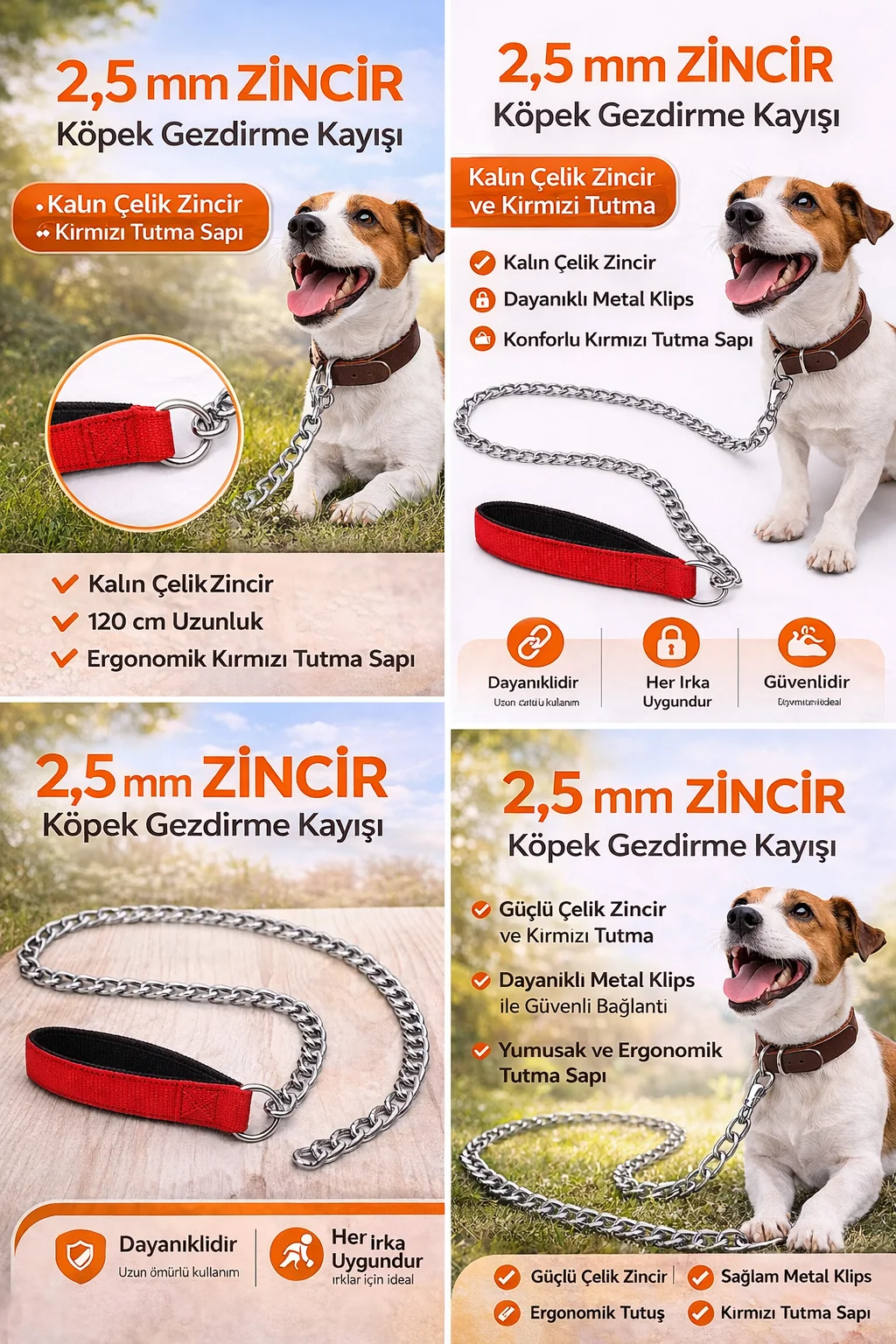 Zincir Köpek Gezdirme Kayışı Dayanıklı Çelik &amp; Ergonomik Tutma Saplı 2,5 mm-120 cm Kırmızı