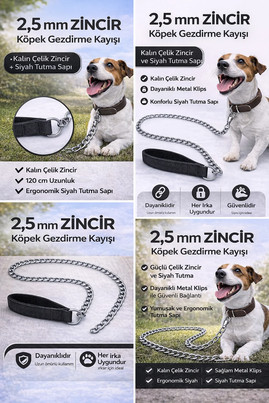 Zincir Köpek Gezdirme Kayışı Dayanıklı Çelik &amp; Ergonomik Tutma Saplı 2,5 mm-120 cm Siyah