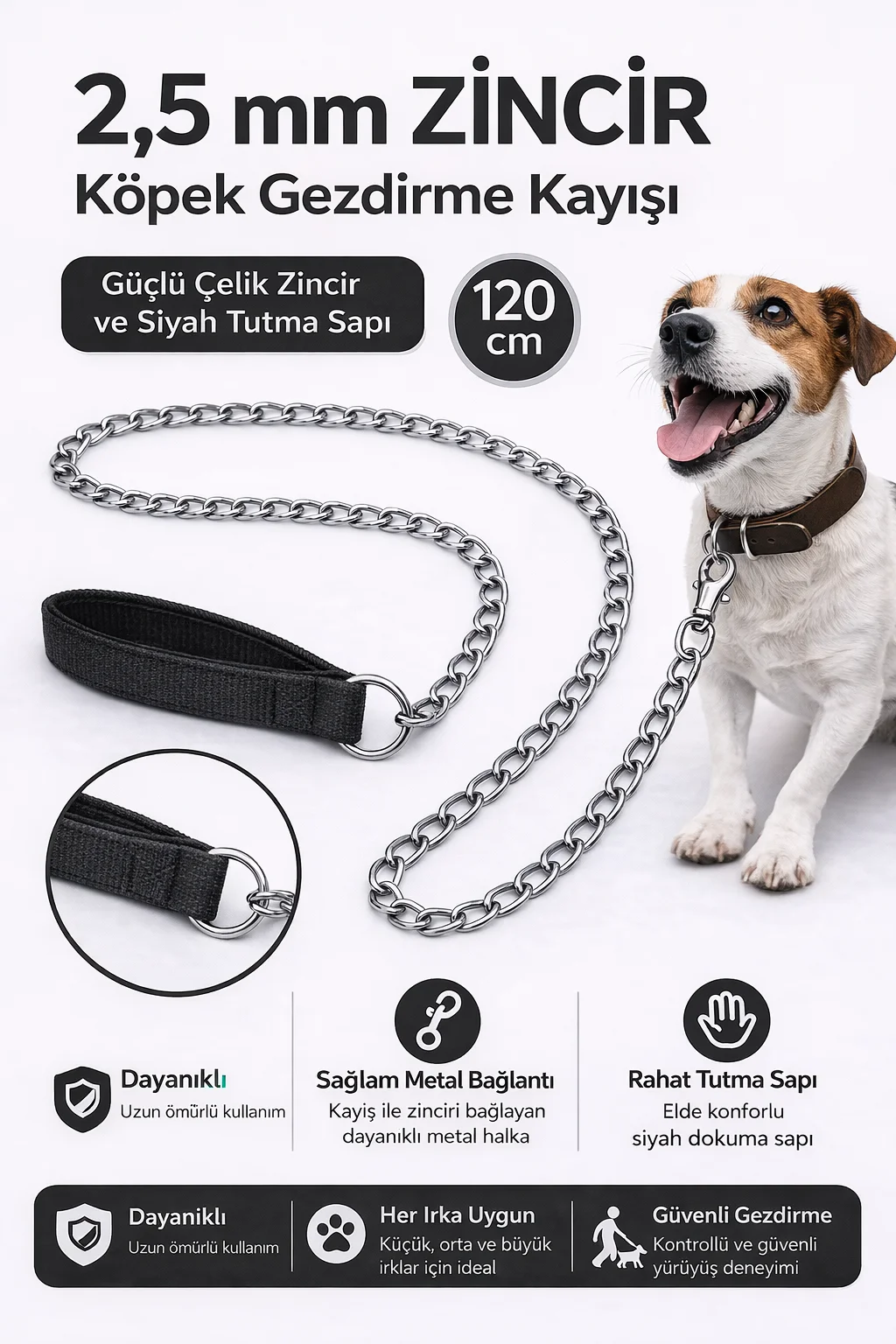 Zincir Köpek Gezdirme Kayışı Dayanıklı Çelik &amp; Ergonomik Tutma Saplı 2,5 mm-120 cm Siyah