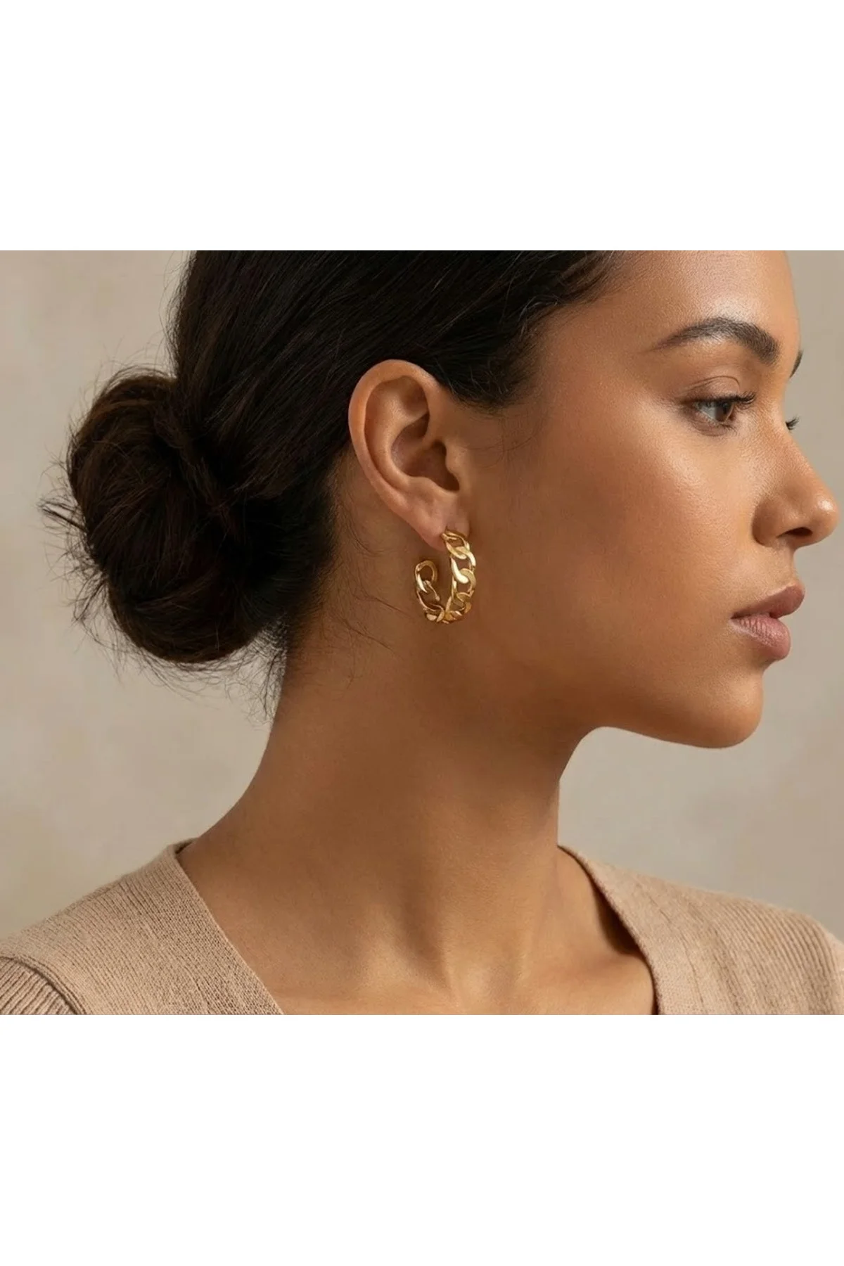 Zincir Şekilli Altın Renkli Halka Çelik Küpe