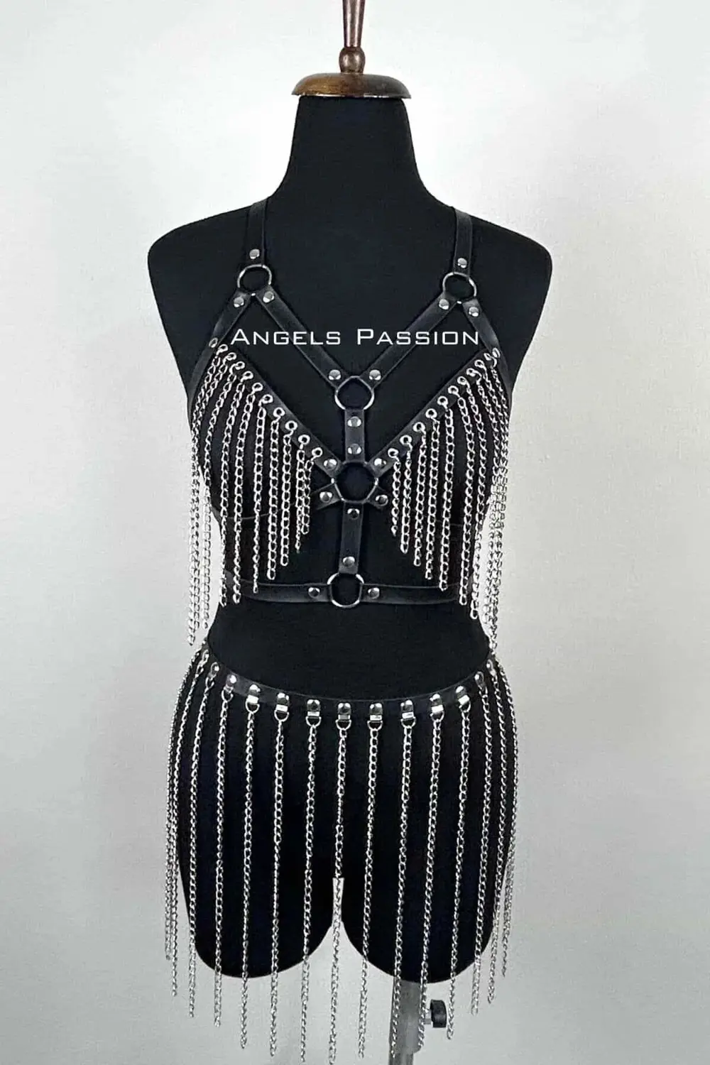 Zincirli Harness Takım, Deri Zincirli Etek Takım - Brf496