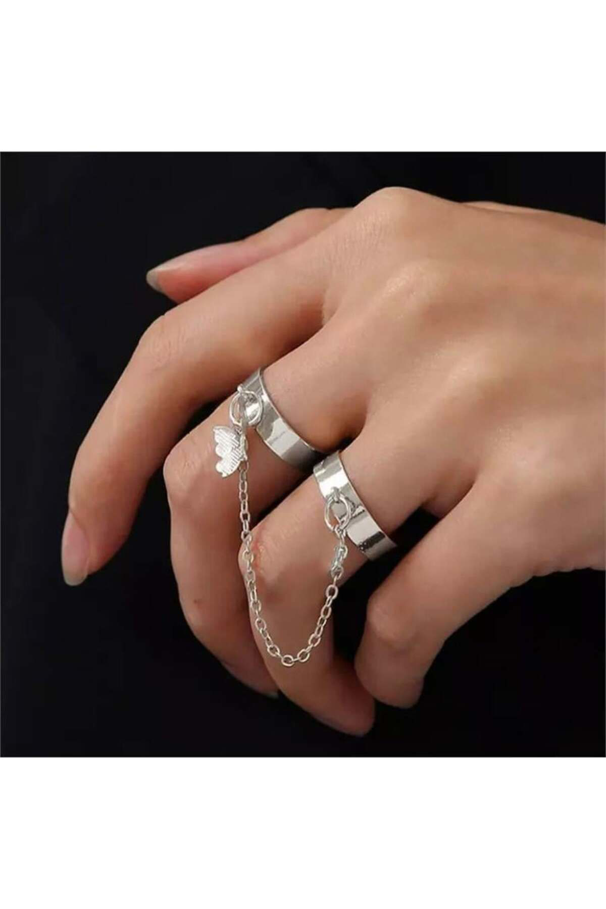 Zincirli Silver Butterfly İkili Yüzük