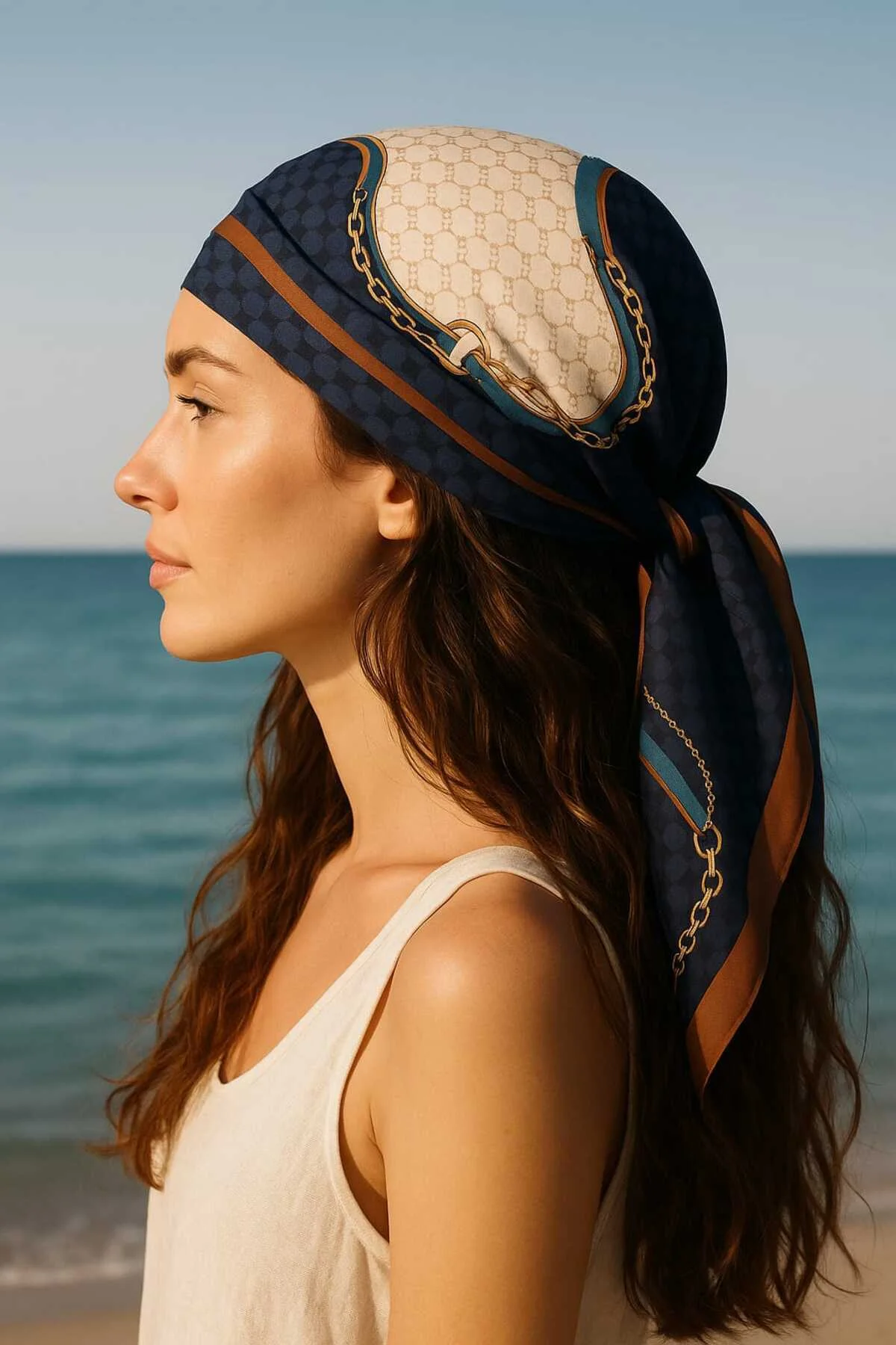 Zincirli Zincir Desenli Kahve Rengi Şık Kaymaz Kaydırmaz Bandana Fular Eşarp Zincirli Zincir Desenli Kahve Rengi Şık Kaymaz Kaydırmaz Bandana Fular Eşarp
