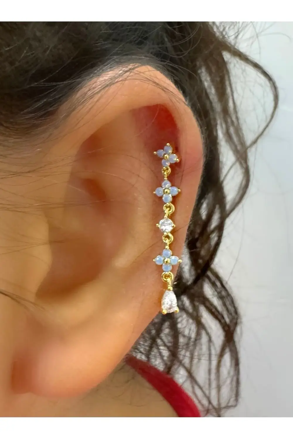 Arescollection Zirkon Mavi Taşlı Vip Seri 1 Adet  Helix Kıkırdak Kulak Memesi Uy