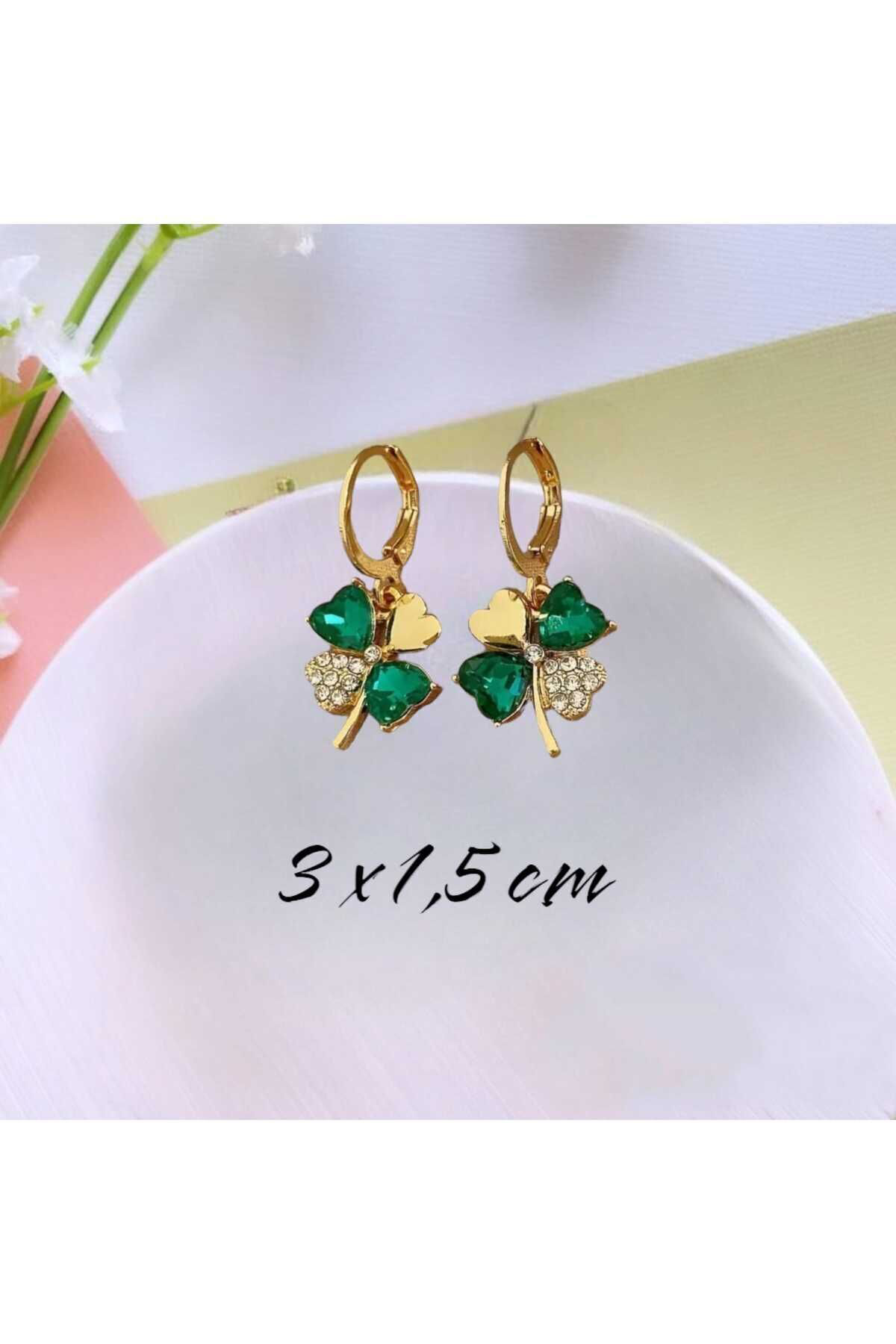 Zirkon Taşlı 4 Yapraklı Yeşil Yonca Küpe (18 K ALTIN KAPLAMA)