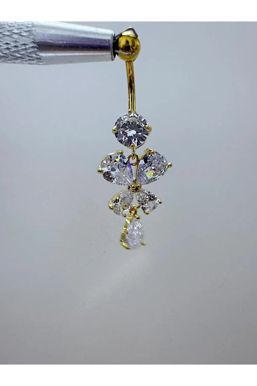 ZİRKON TAŞLI ÇELİK KELEBEK ŞEKLİNDE GÖBEK PİERCİNGİ