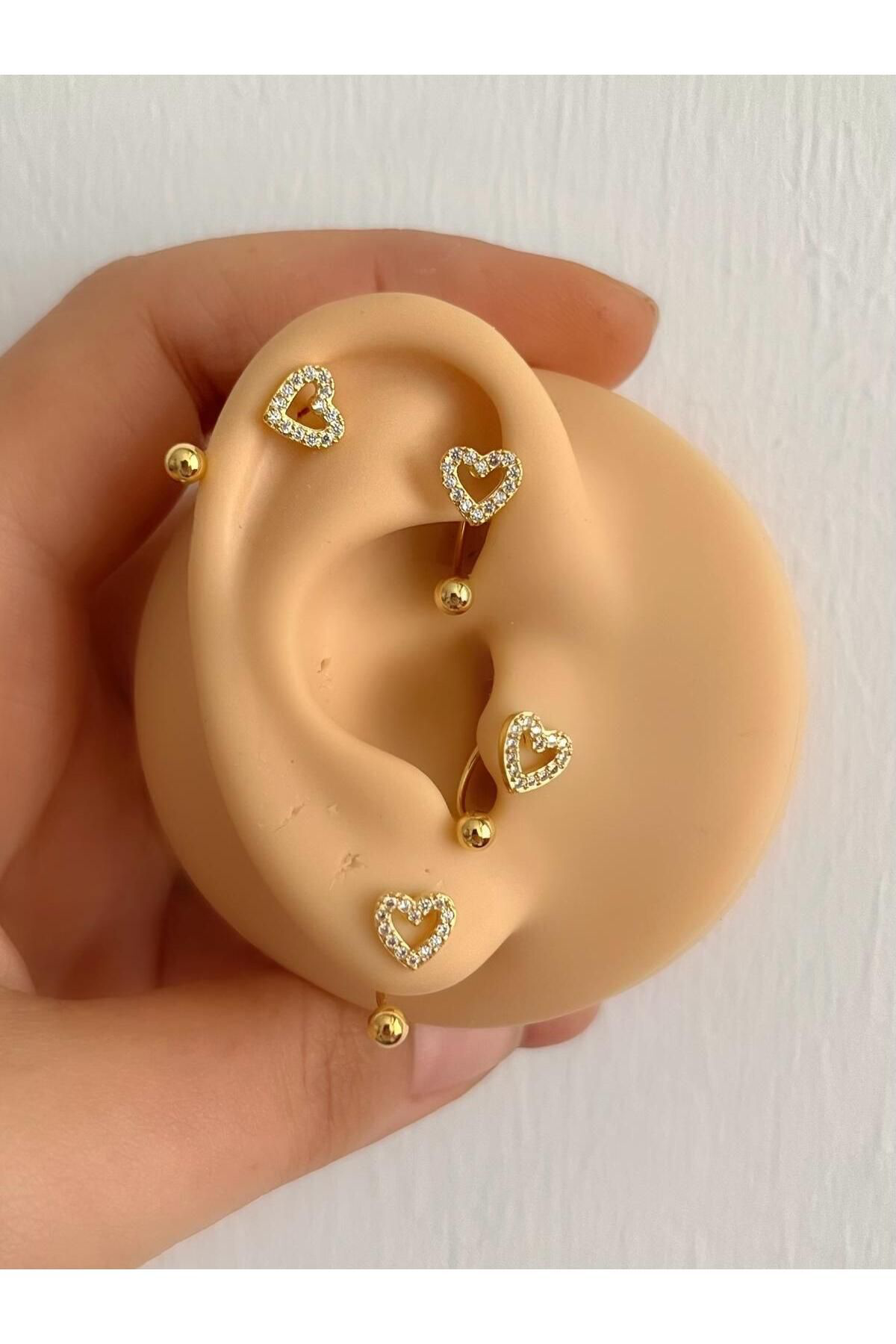 Arescollection Zirkon Taşlı Kalpli 1 Adet Kulak Memesi Helix Tragus Rook Uyumlu