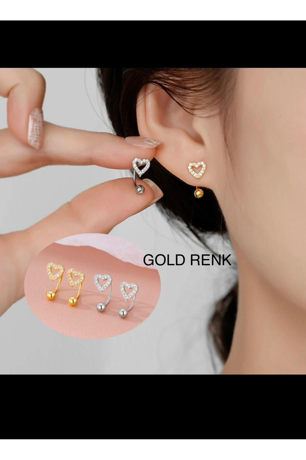 Arescollection Zirkon Taşlı Kalpli 1 Adet Kulak Memesi Helix Tragus Rook Uyumlu