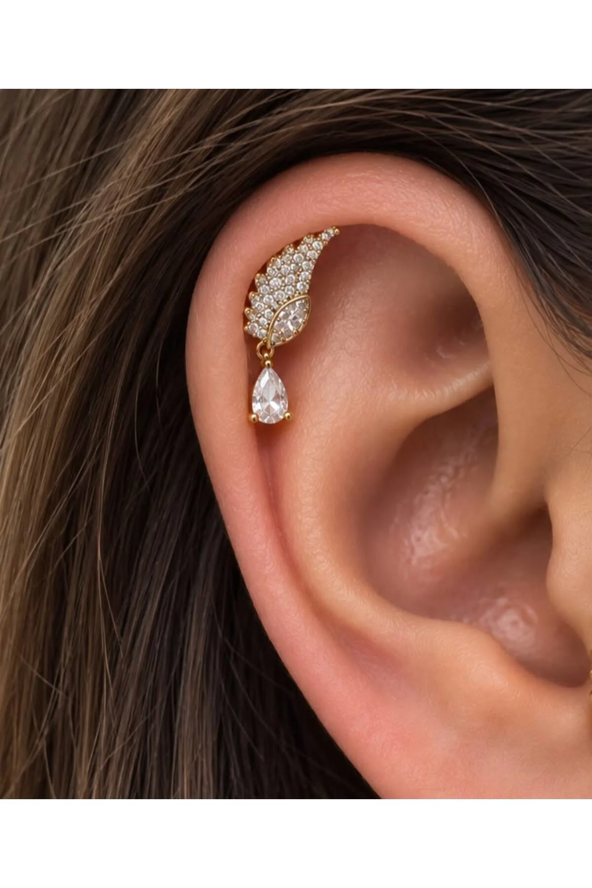 ZİRKON TAŞLI MELEK KANADI TRAGUS HELİX LOBE UYUMLU PİERCİNG KÜPE (1 ADET)
