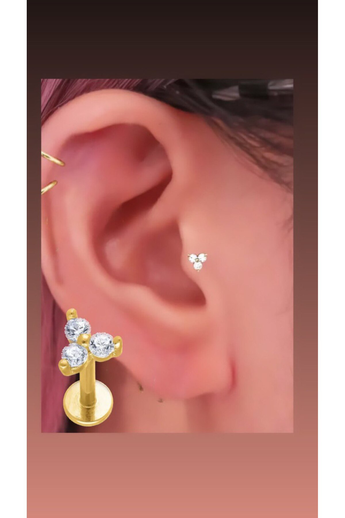 zirkon taşlı minimal önden takmalı arkası düz tragus helix conch lobe forward helix uyumlu piercing