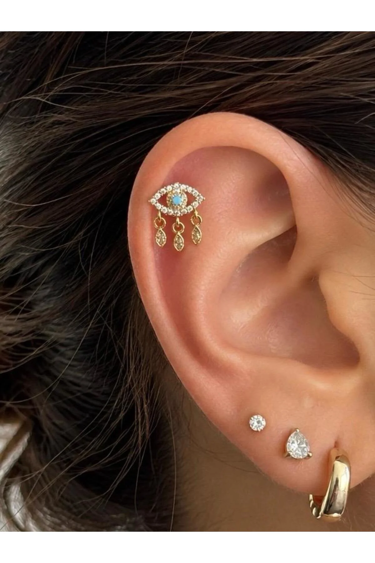 ZİRKON TAŞLI SALLANTILI GÖZ TRAGUS HELİX KIKIRDAK LOBE UYUMLU PİERCİNG KÜPE (1 ADET)